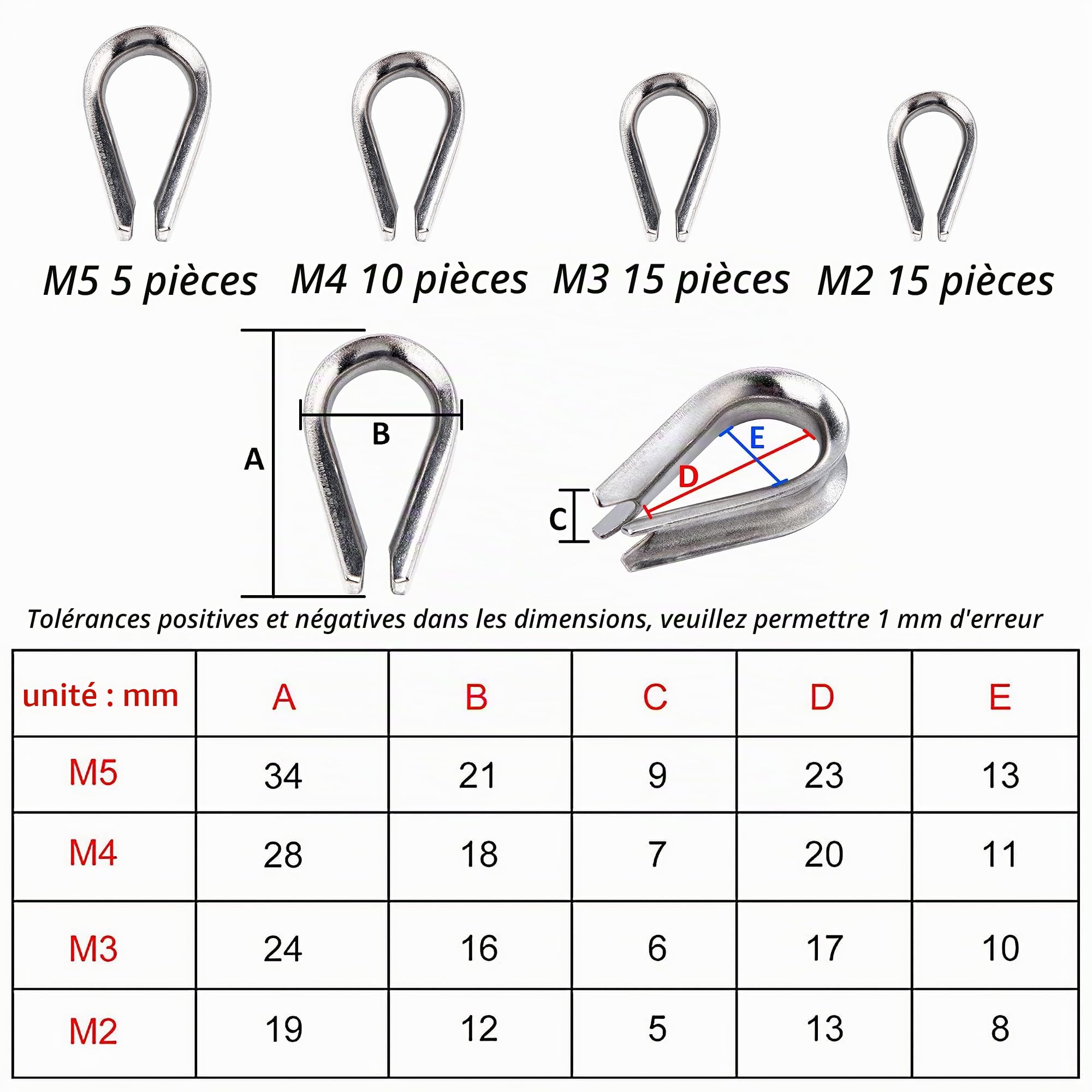 Kit de Manchons de Câble Métallique Manchons en Aluminium M1.2 M1.5 M2 M2.5 M3 M4 Cosse en Acier Inoxydable M2 M3 M4 M5 avec Boîte de Rangement 240 Pièces