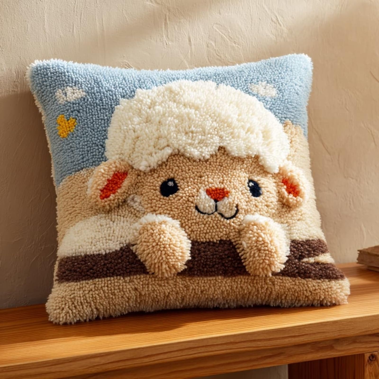 Henypt 43x43cm Latch Hook Pillow Kit,Animal Lamb Pre-Printed Canvas Cushion Cover Craft,Easy Latch Hook Embroidery Kit for All Skill Levels