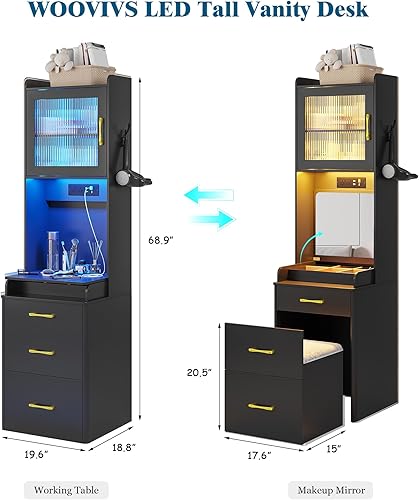 Miniatura 4 de WOOVIVS Escritorio de tocador con espejo abatible y luz, mesa de tocador de maquillaje con estación de carga, juego de tocador pequeño negro con