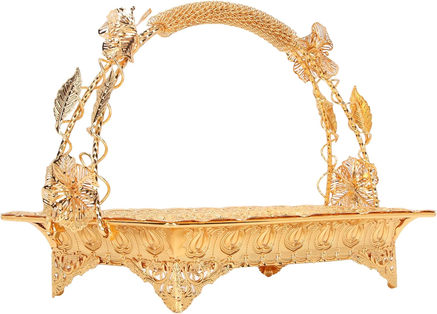 Tea Tray Carved Pattern Vintage Metal Serving Platter Gold Color Eye Catching for Home