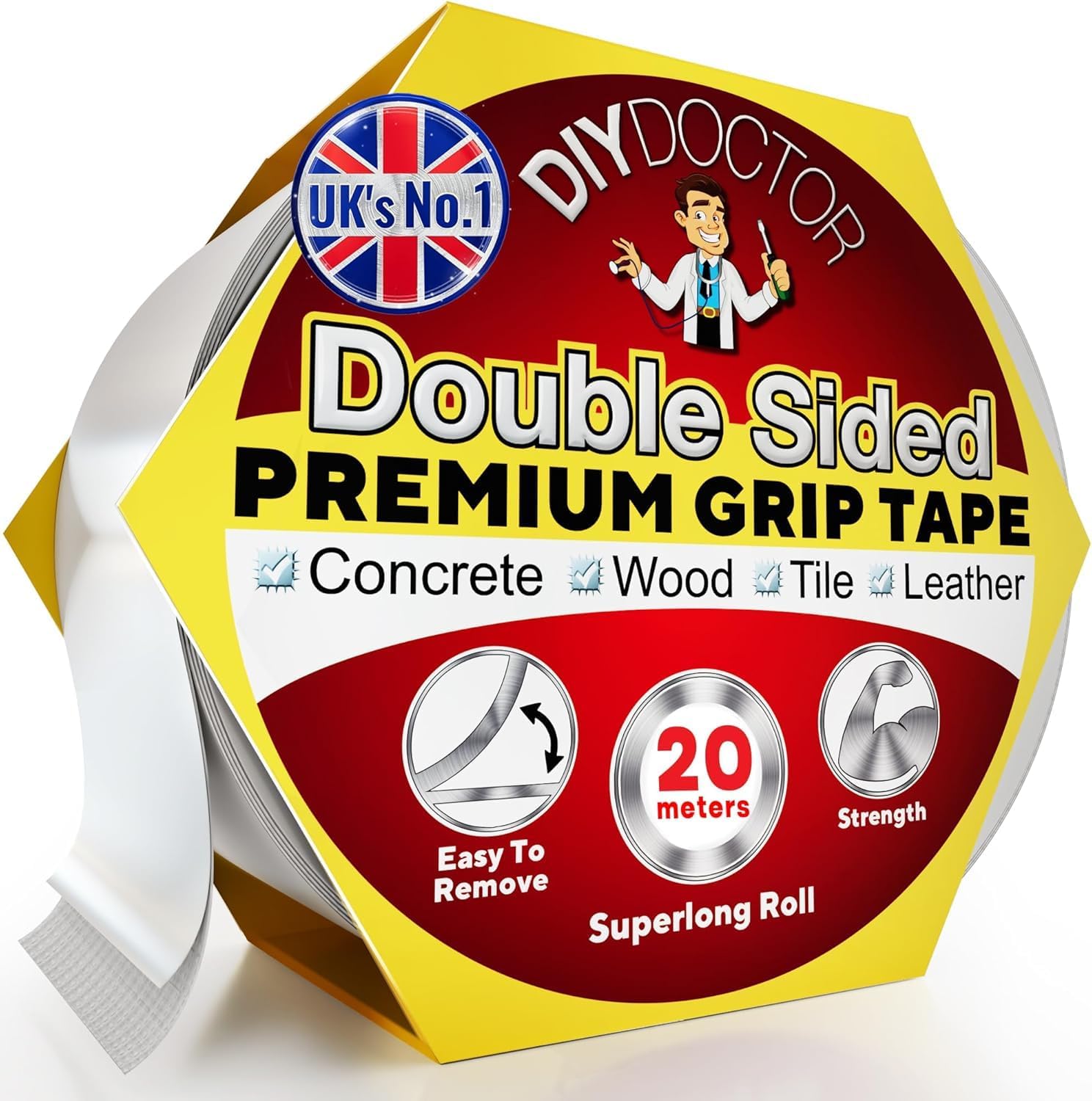 DIY Doctor Extra Strong Double Sided Carpet Tape - Carpet Tape Double Sided Heavy Duty - Double Sided Tape - Double Tape - Bonds to Almost Anything for Home and Professional Use - 21mm x 20m