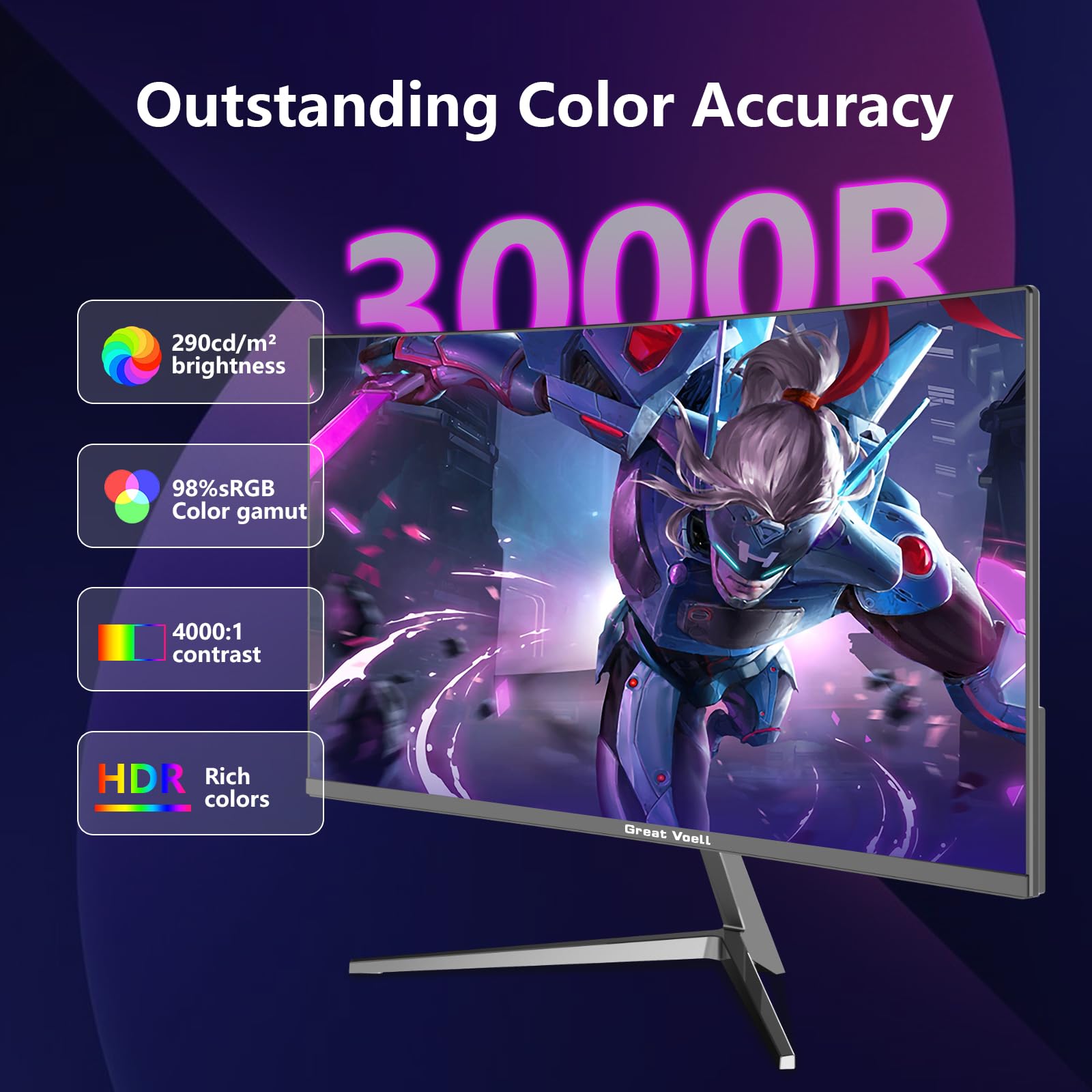 Great voell Ecran PC Gamer Incurvé 24 Pouces, 180 Hz, HDR10 (Full HD 1080P, 1920 x 1080), AMD FreeSync, Montage VESA, Couleur Noir