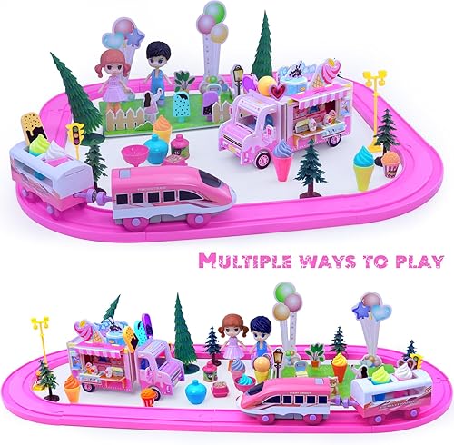 Miniatura 8 de Juegos de tren rosa para niños pequeños, juguetes musicales de tren eléctrico con camión de helado de bricolaje, rompecabezas de espuma 3D, kit de
