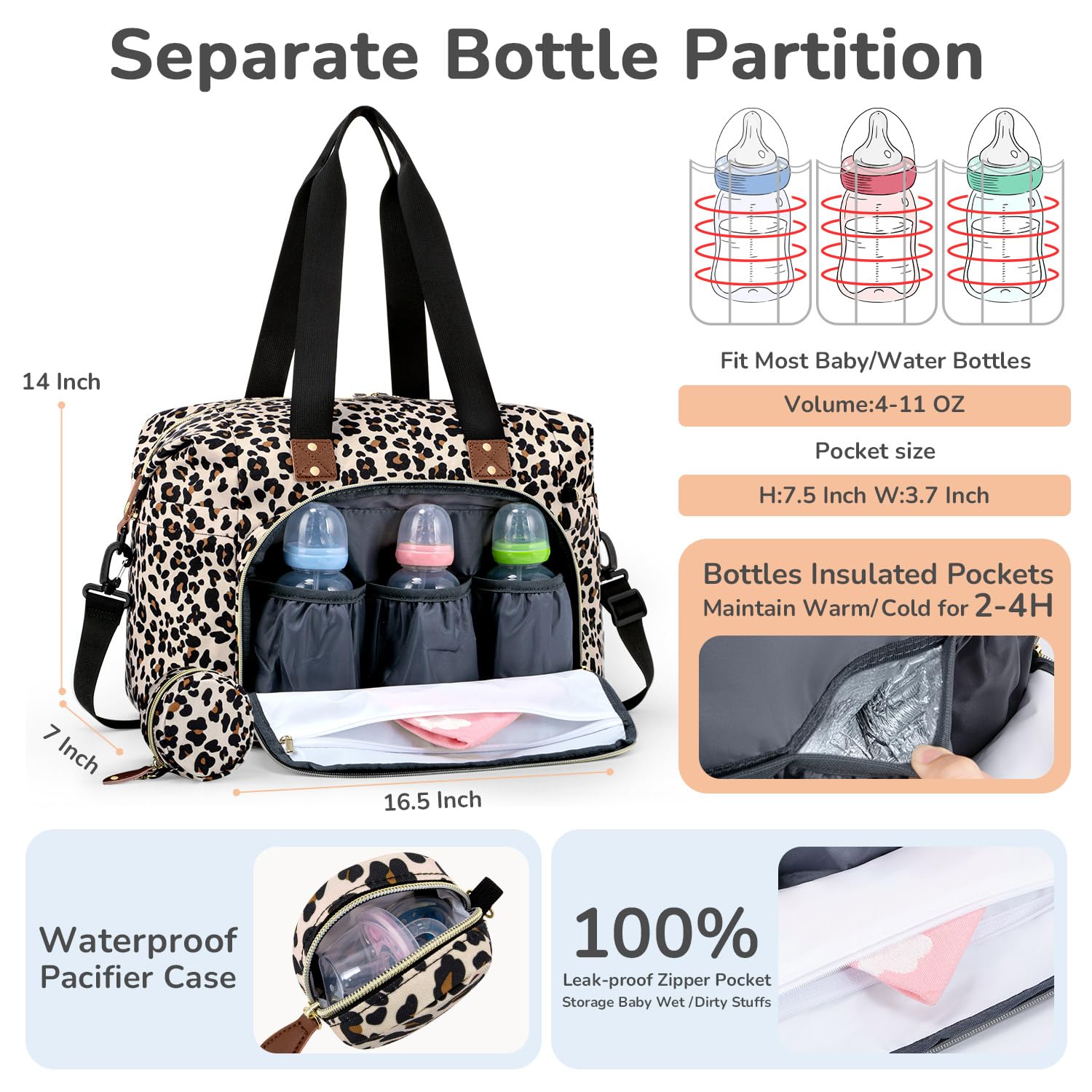 Tenot Diaper Bag Tote with Pacifier Case, Baby Bag for Women with Shoulder Straps, Travel Diaper Tote for for Mom and Dad Leopard Print