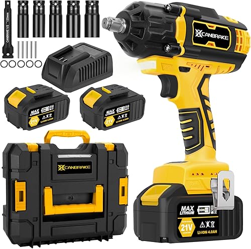 Canbrake Llave de impacto inalámbrica, pistola de impacto de batería de 800 N.m (600 pies-libras), llave de impacto de potencia de alto par de 12