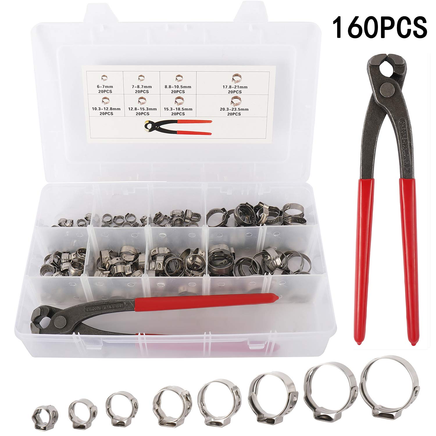 1/4"15/16" 304 Stainless Steel Single Ear Hose Clamps Kit with Ear Clamp Pincer for Securing
