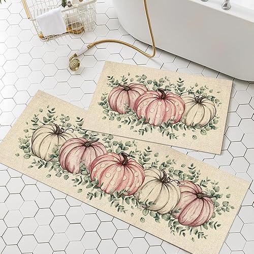 Miniatura 5 de Alfombrillas de cocina antifatiga para piso, 2 unidades, alfombras de cocina de calabaza rosa y blanca, alfombra de granja suave antideslizante para