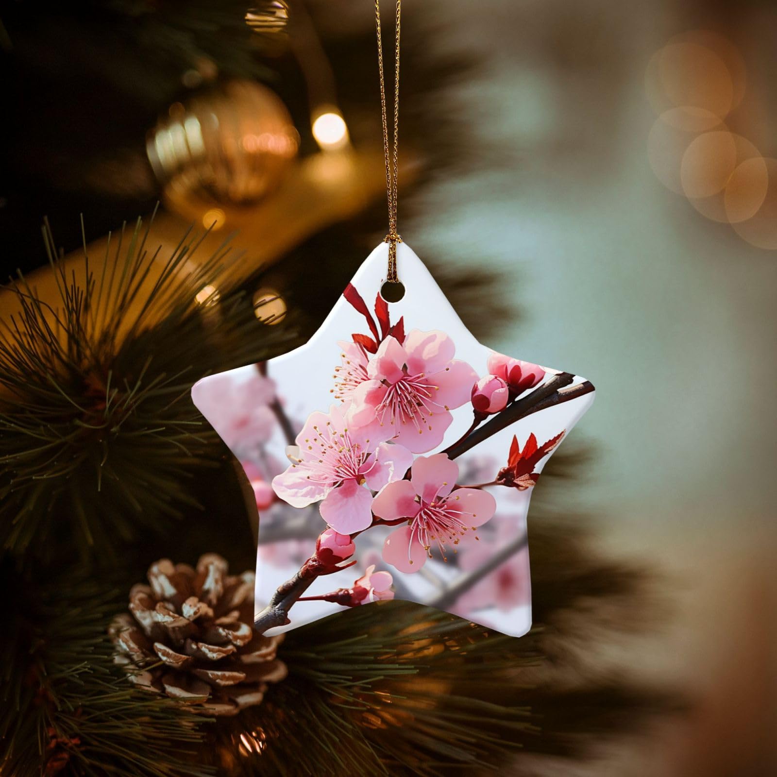 Christmas Ornaments for Christmas Tree Decoration Hanging Plum Blossom Ornament with Gold Ribbon Crafts Star Shape Ceramic Pendant for Keepsake Gifts Xmas Decor Party Supplies
