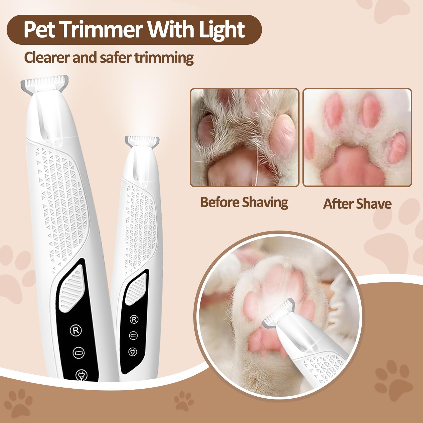 Recortadora de patas para perros y gatos con luz LED – Cortapelos silencioso para mascotas, recargable, resistente al agua, con 2 cabezales de afeitado para patas, cara y orejas de gatos, animales
