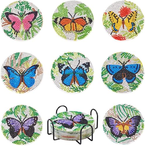 Cheriswelry 8 posavasos de mariposa para bricolaje, kits de alfombrillas de pintura de diamantes 5D con soporte
