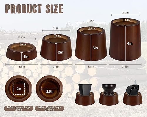 Miniatura 3 de OneDream Bloques elevadores de madera para muebles de cama, juego de 4 elevadores de cama de 4 pulgadas, elevadores redondos de madera maciza