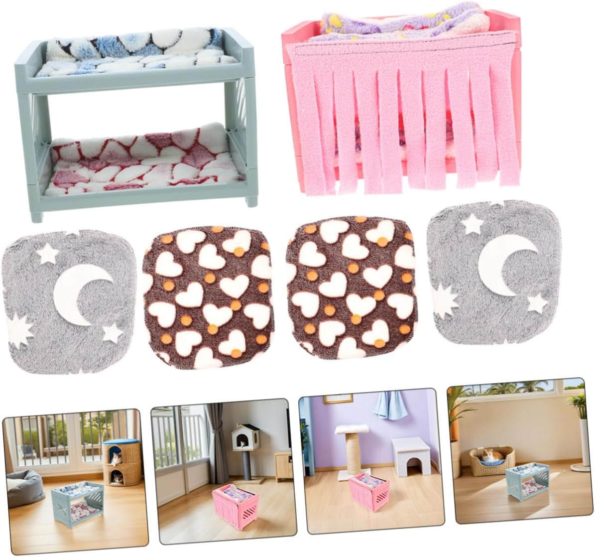 KALLORY Double-Layer Hamster House Hideout Bed with Cushions and Blankets, Small Animal Nest for Guinea Pigs and Hamsters, Soft Pet Sleeping Cave Suitable for Small Pets Random Color