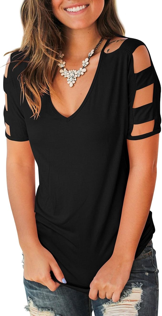 Jescakoo Women's Short Sleeve Cut Out Cold Shoulder Tops 60% Polyester, 35% Rayon, 5% Spandex