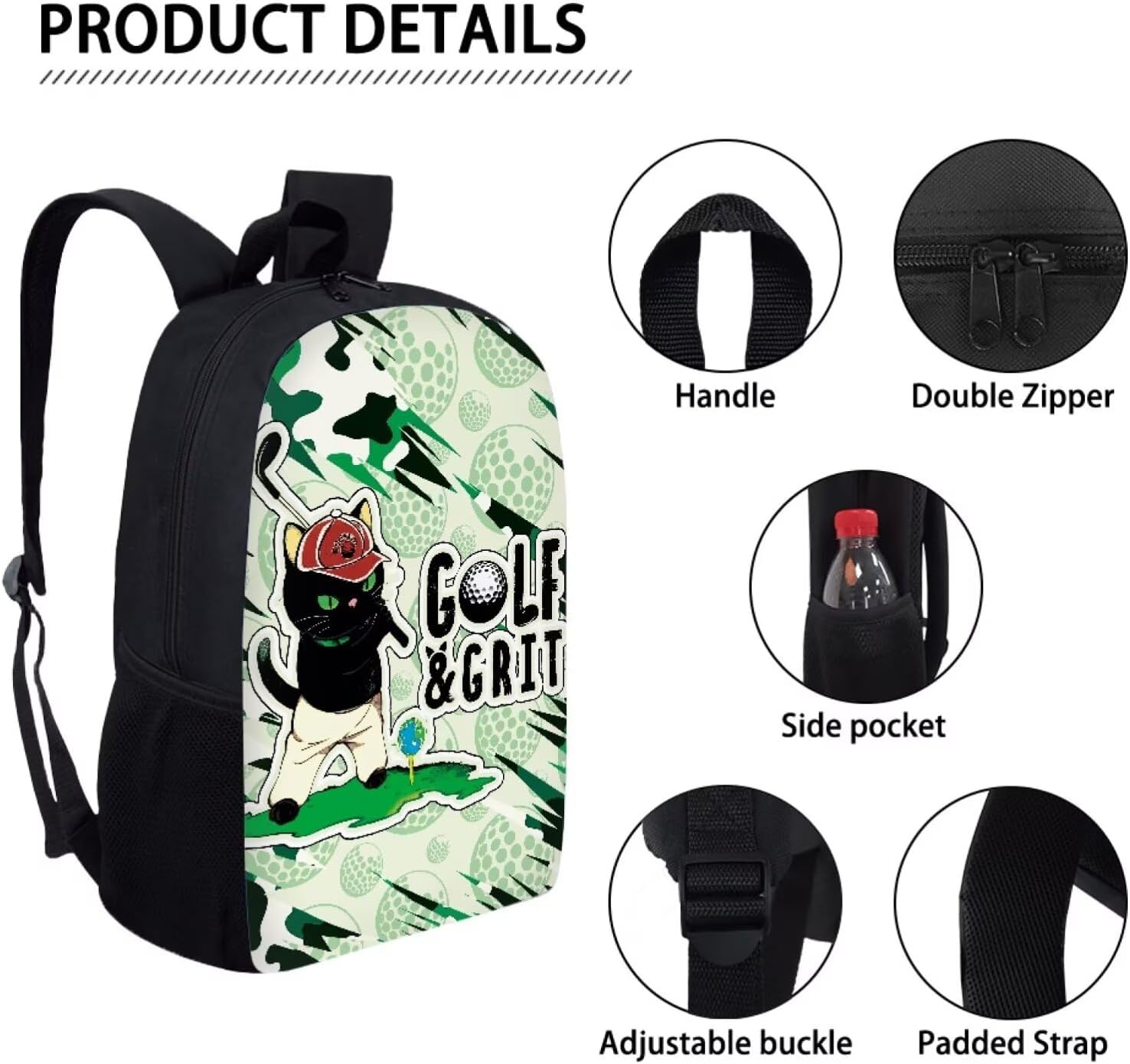 Coloranimal Black Cat Golf Print Kids Backpack Daypack for Boys Girls Outdoor Sports Rucksack with Adjustable Strap School Shoulder Bag for Travel Hiking Camping