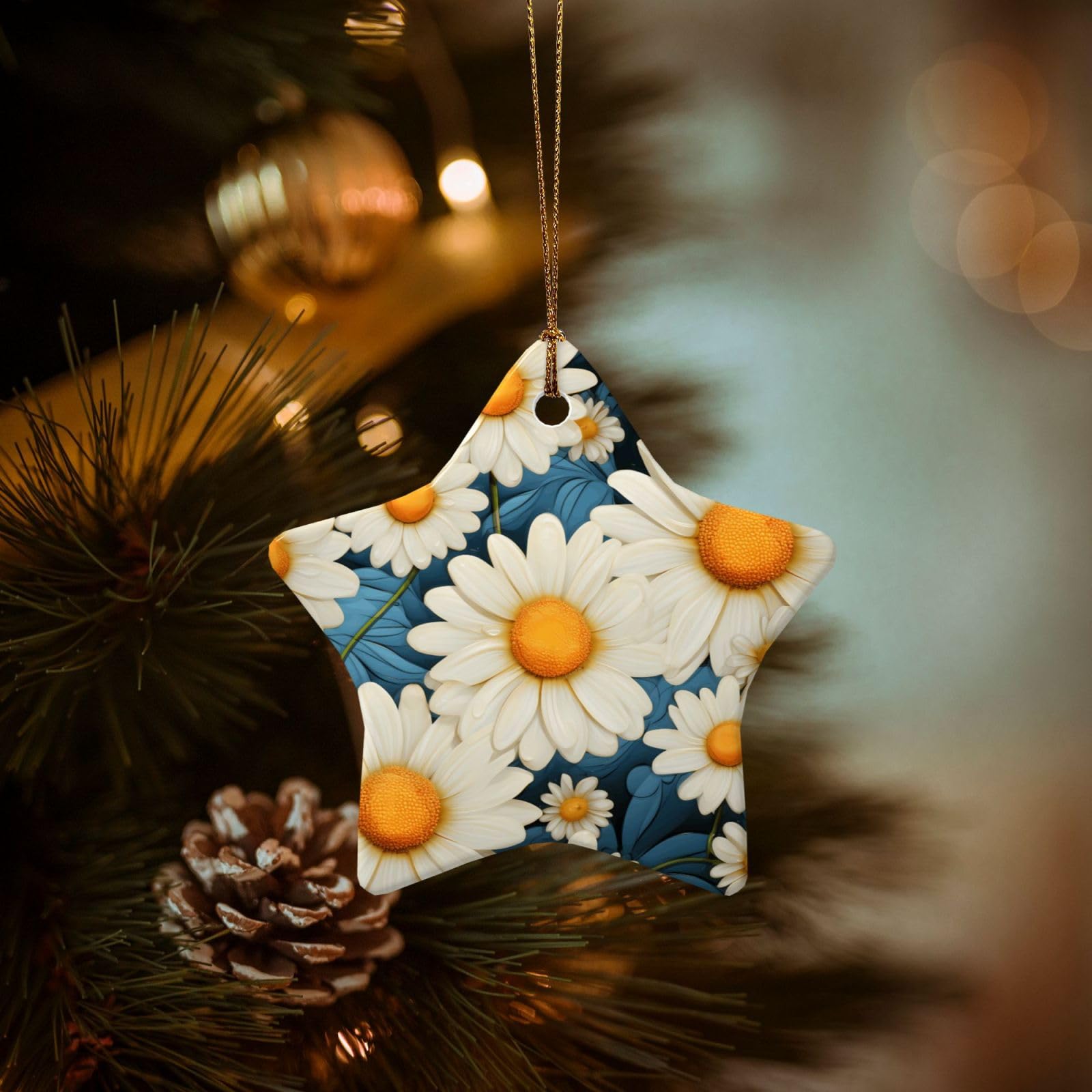 Christmas Ornaments for Christmas Tree Decoration Hanging Daisy Ornament with Gold Ribbon Crafts Star Shape Ceramic Pendant for Keepsake Gifts Xmas Decor Party Supplies