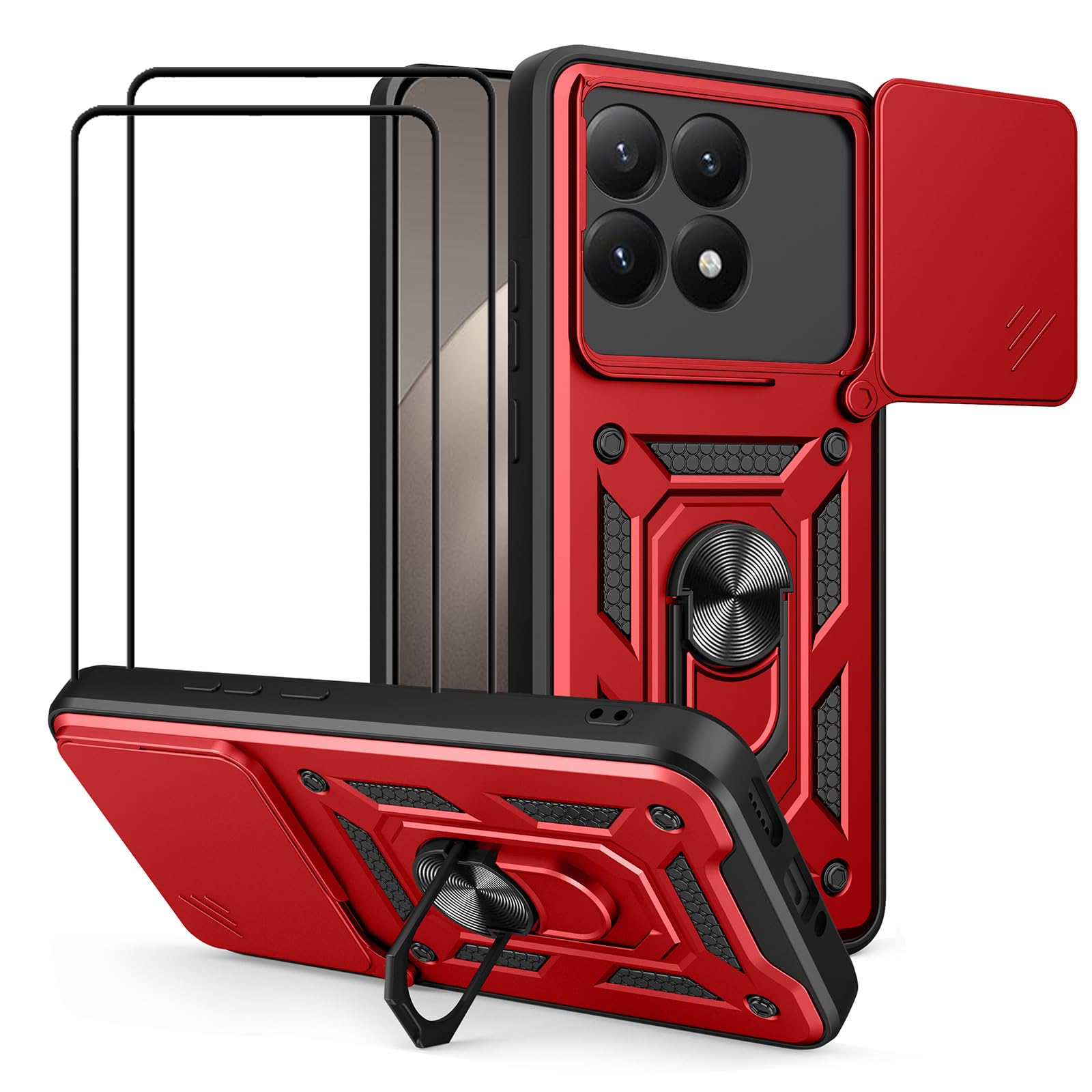 for OnePlus 15 5G Case with Slide Camera Cover and Stand Kickstand Ring with Tempered Glass Screen Protector [2 pieces],Military Grade Shockproof Protective Cover, Red