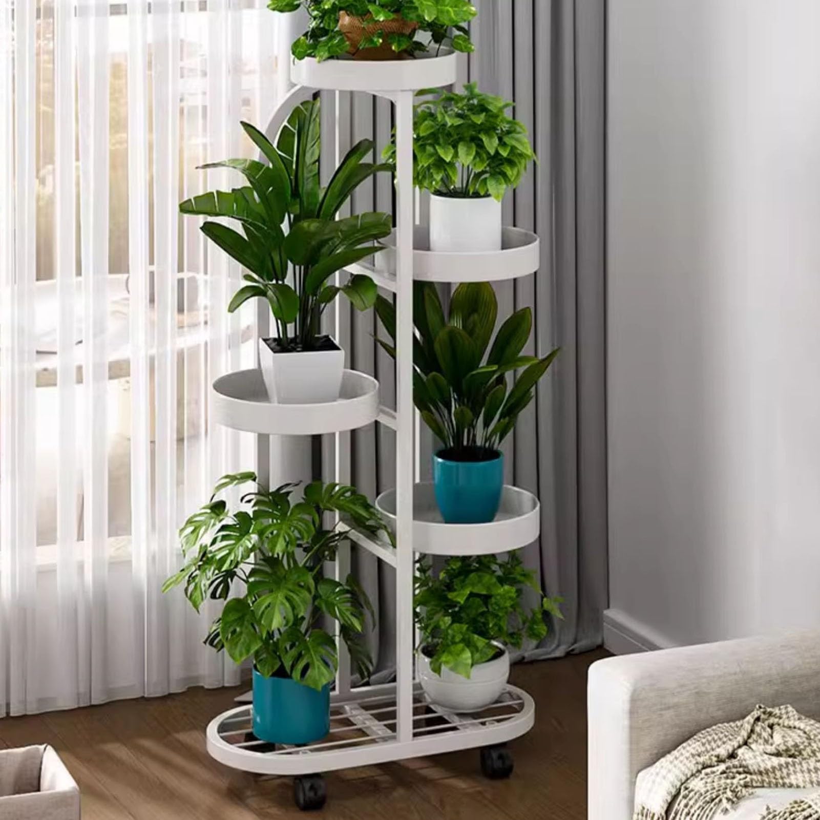 Support pour pot de fleurs Lou : étagère en métal robuste avec plateaux étanches et roulettes