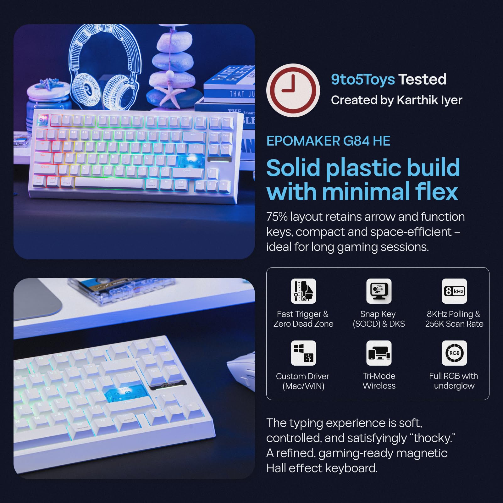 EPOMAKER Bezprzewodowa klawiatura do gier G84 HE, 8K ankieta i 8000 mAh, SOCD i DKS, magnetyczna klawiatura Halla z szybkim wyzwalaniem i regulacją aktywacji, RGB Keycap PBT, hot swap, QWERTY, Win/Mac