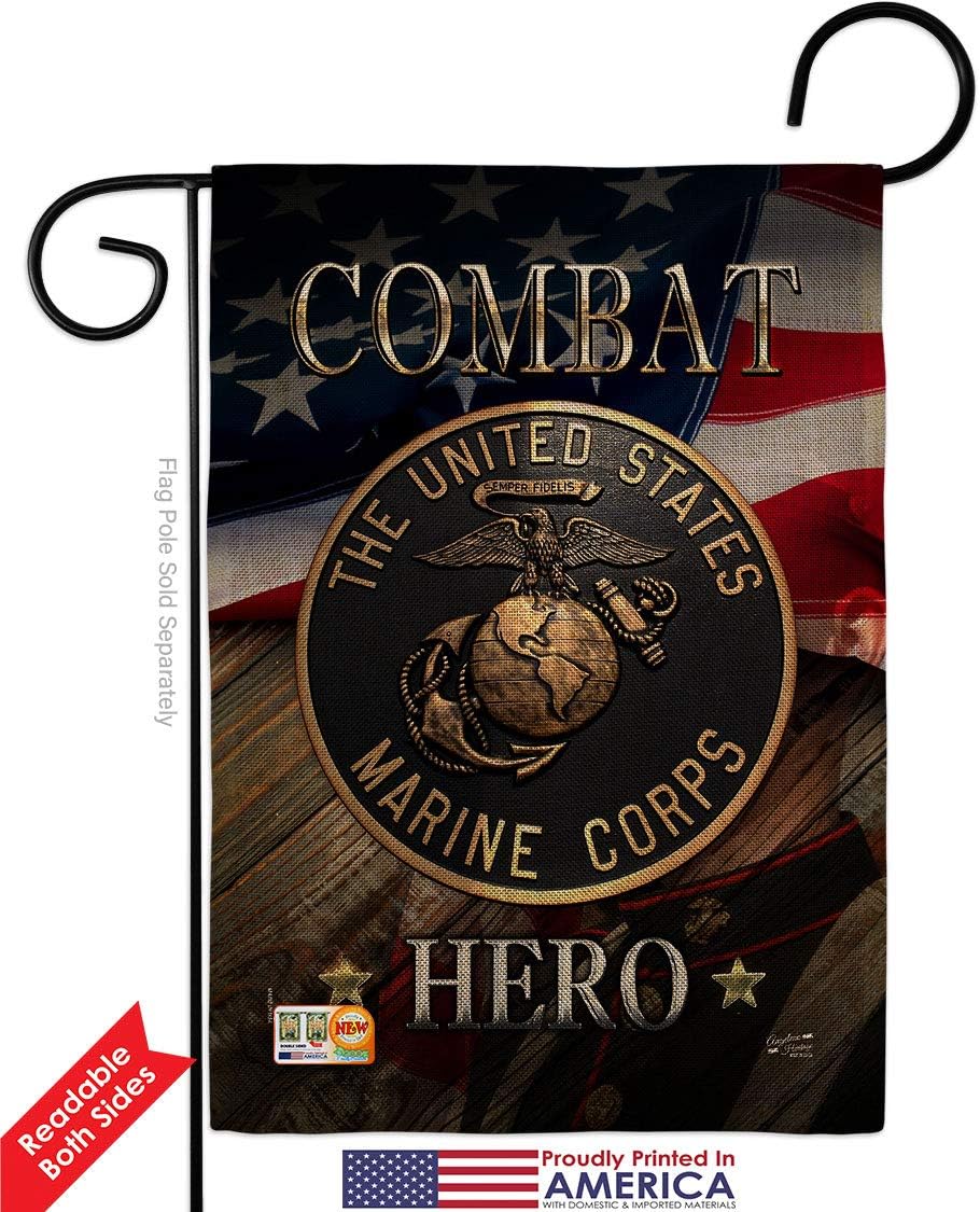 Marine Combat Hero Burlap Burlap Garden Flags Pack Armed Forces Corps USMC Semper Fi United State American Military Veteran Retire Official USA Vintage Applique Gift Yard House Double-Sided 13 X 18.5