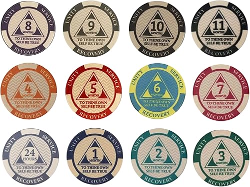 Miniatura 1 de (12) Paquete de fichas AA mensuales de póquer 24 horas recién llegado 1-11 meses AA 1 mes Chip hasta Alcohólicos Anónimos 11 meses