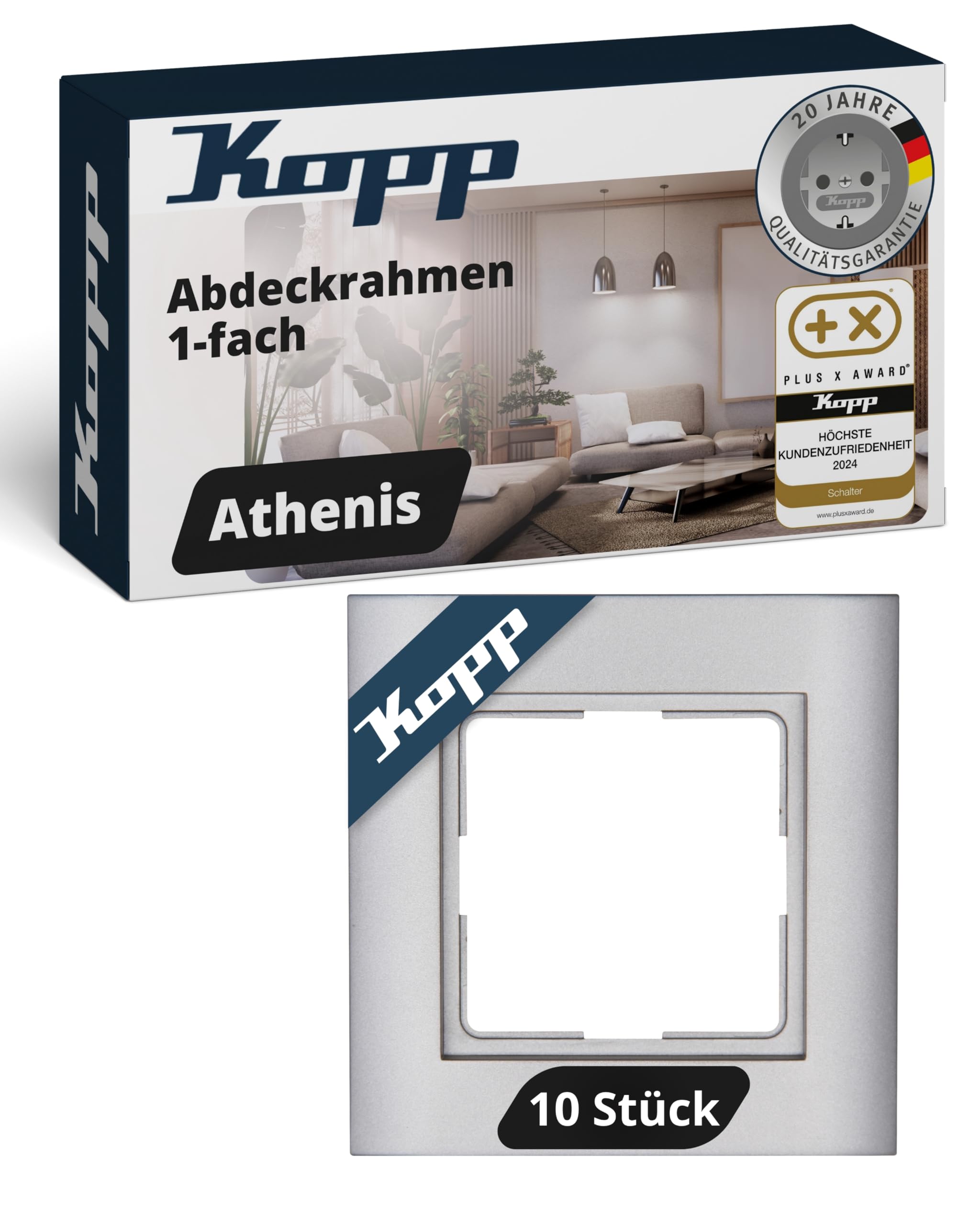 Kopp ATHENIS 1-fach Abdeckrahmen in Stahlfarben - 10 Stück - 86 x 86 x 9,5 mm - Rahmen für Steckdosen & Schalter - Eleganter Steckdosenrahmen aus mattem Kunststoff - Hochwertiger Lichtschalter-Rahmen