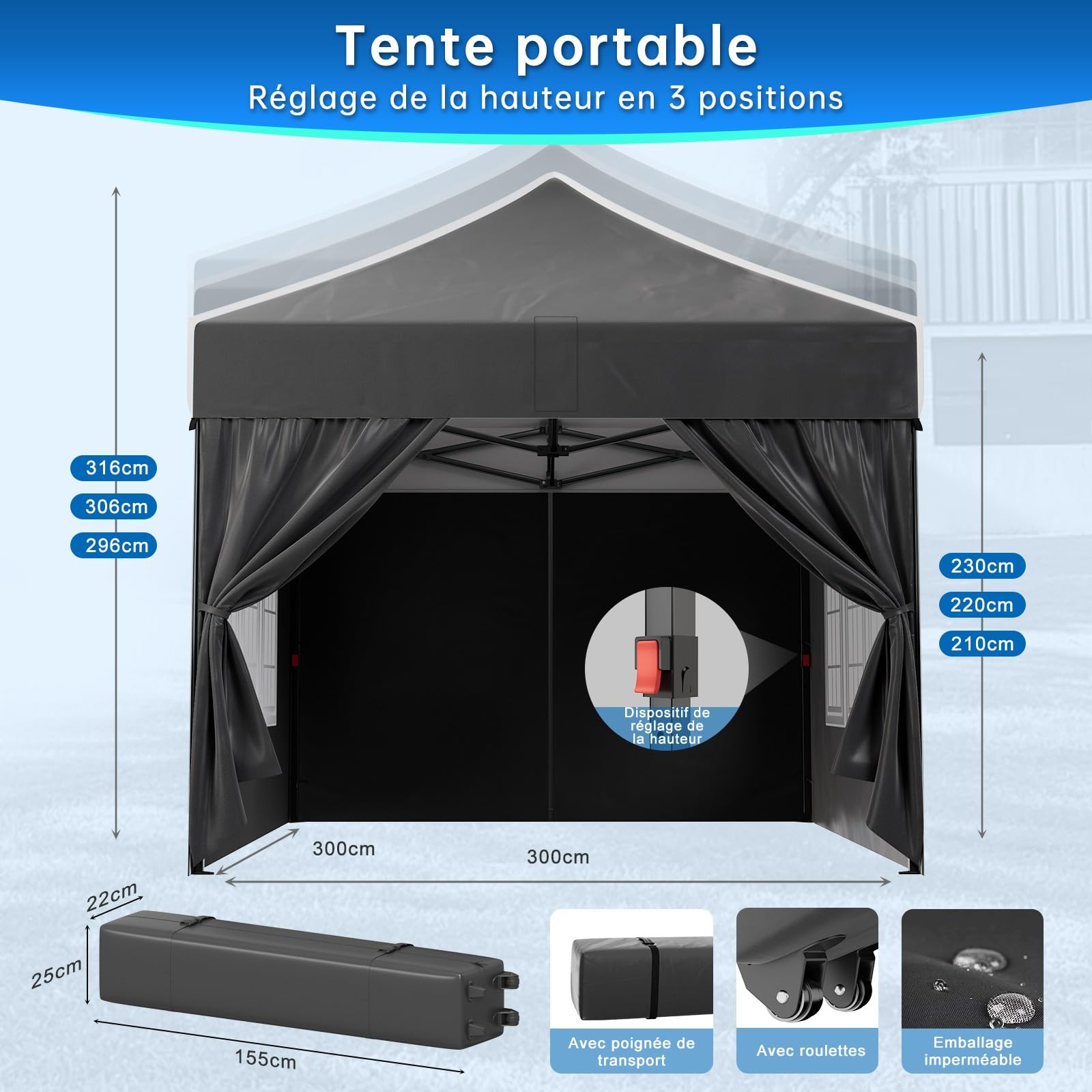 Devoko Tonnelle Pliant 3x3m Imperméable, Robuste, Résistant à l'hiver, Hauteur Réglable, avec 4 Panneaux Latéraux, Protection UV 50+, pour Jardin, Terrasse, Camping, Noir