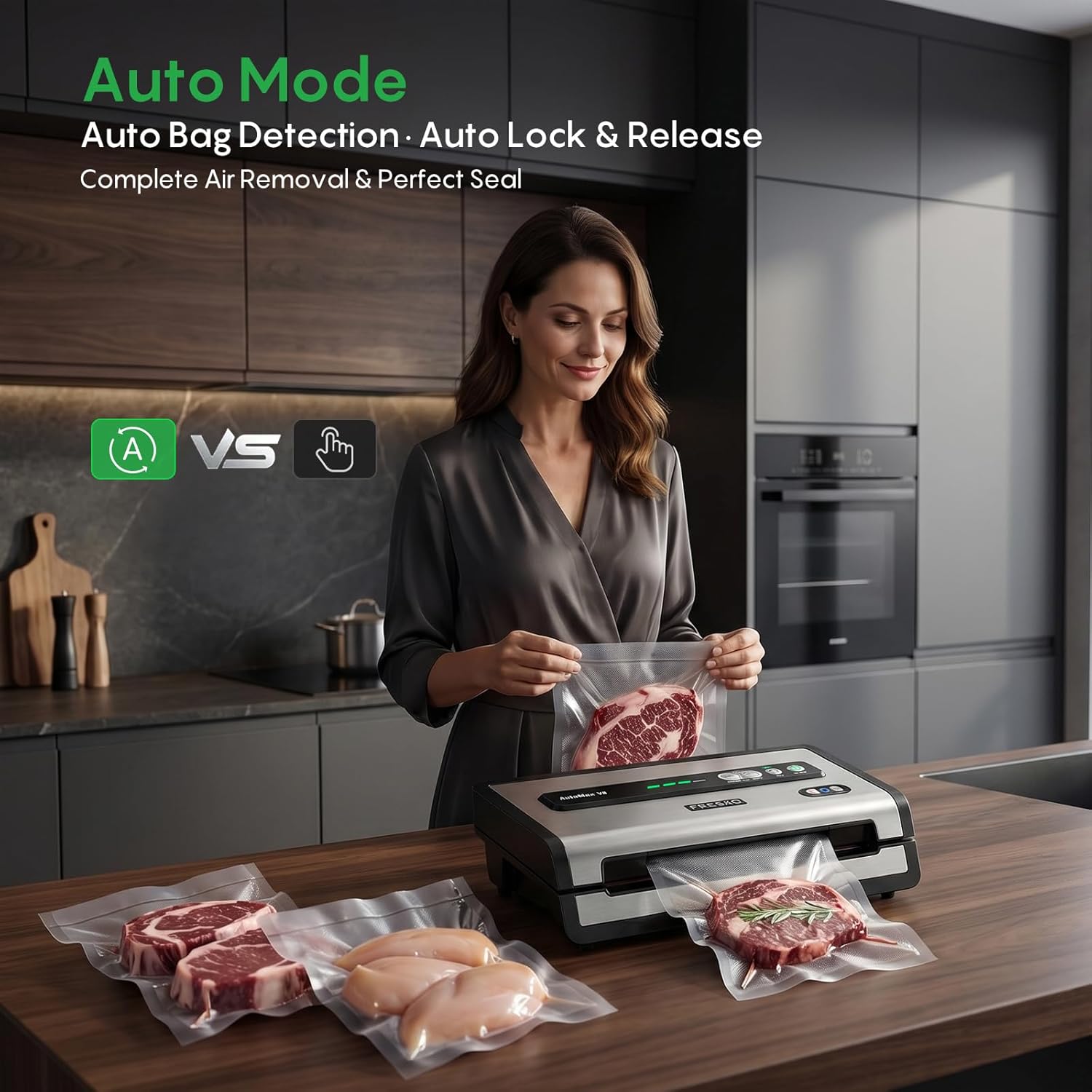 FRESKO Automatic Vacuum Sealer for Food, Hands-Free Operation Food Sealer, Continuous Seal 50 Bags in 20 Mins, Built-in Cutter & Roll Storage, Powerful Suction for Meal Prep & Bulk Food Storage