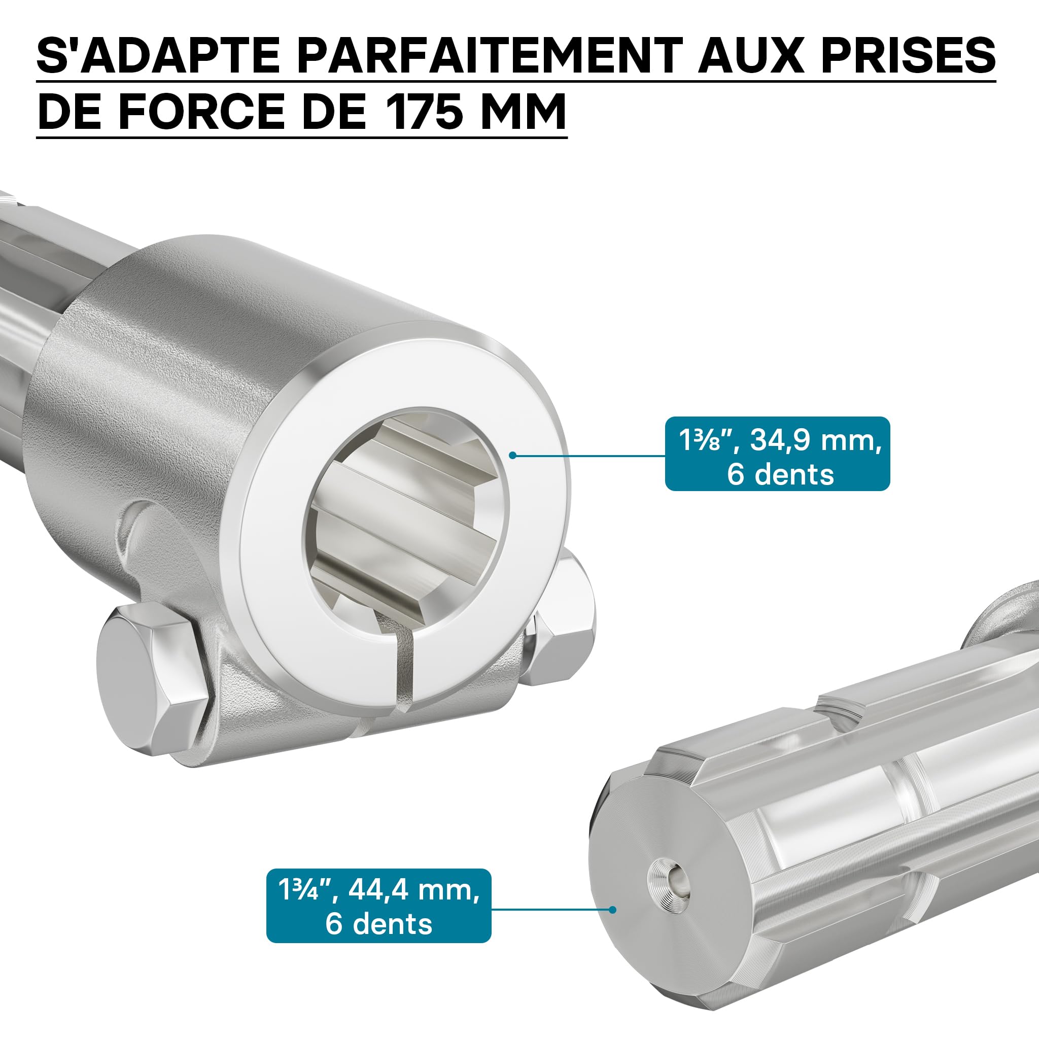 WilTec Manchon de Prise de Force Cardan - Longueur 175 mm - Raccord logement 1 3/8" 6D - Raccord Sortie 1 3/4" 6D - Ø 36 mm/44,37 mm - Arbre cannelé de Tracteur
