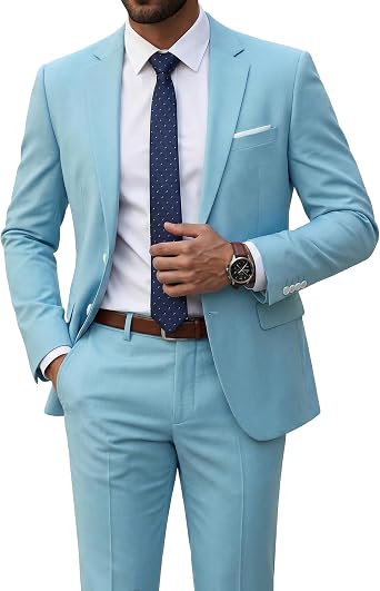MrSure Mens 2 Piece Slim Fit Suit with Two-Button, Solid Stretch Jacket Pants & Tie Set.