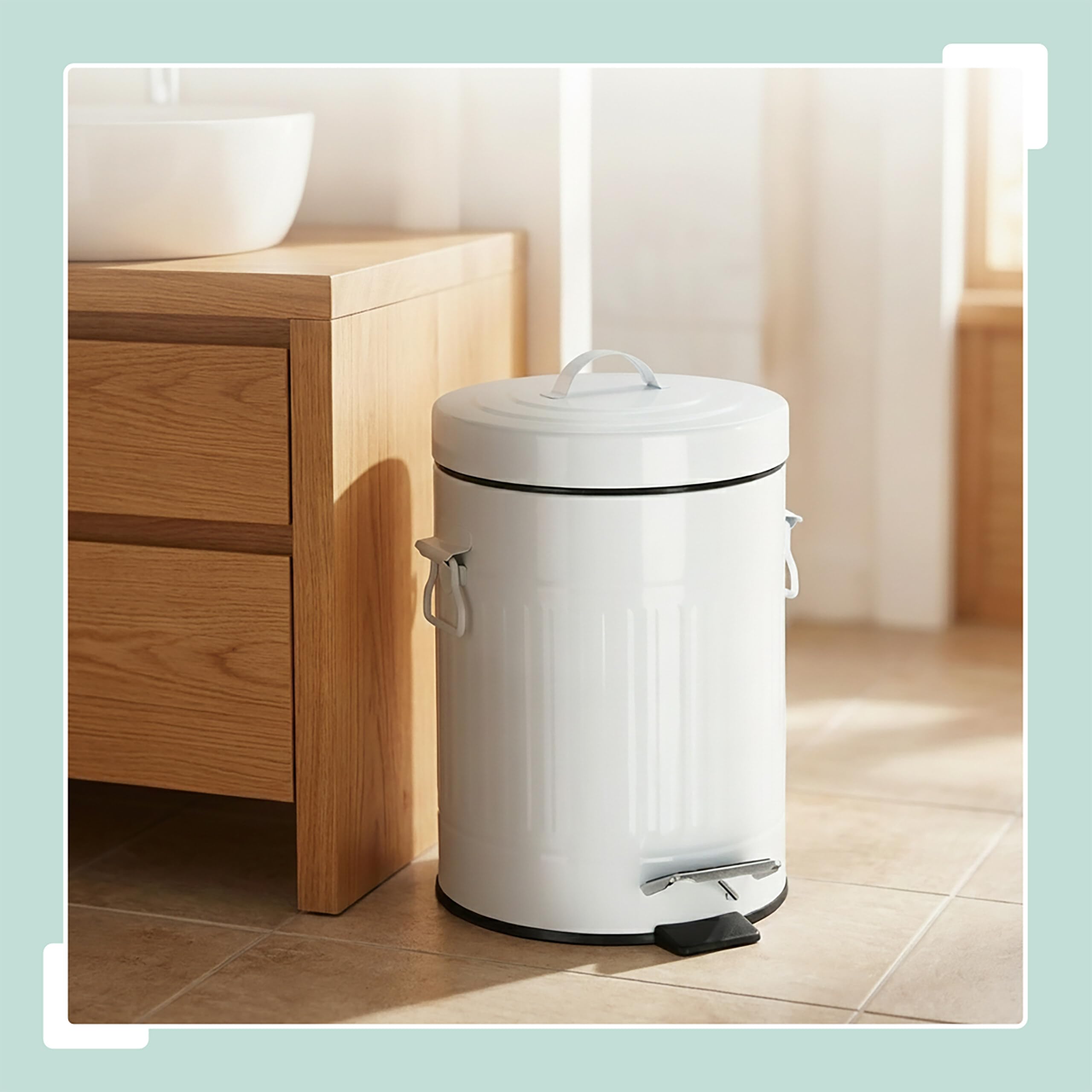 Relaxdays Papelera Cocina, Cubo Basura Baño con Pedal y Tapa, Bote Desechos WC, Estilo Vintage, Metal, 12 L, Blanco | Bote Desechos WC, Estilo Vintage, Metal, 12 L