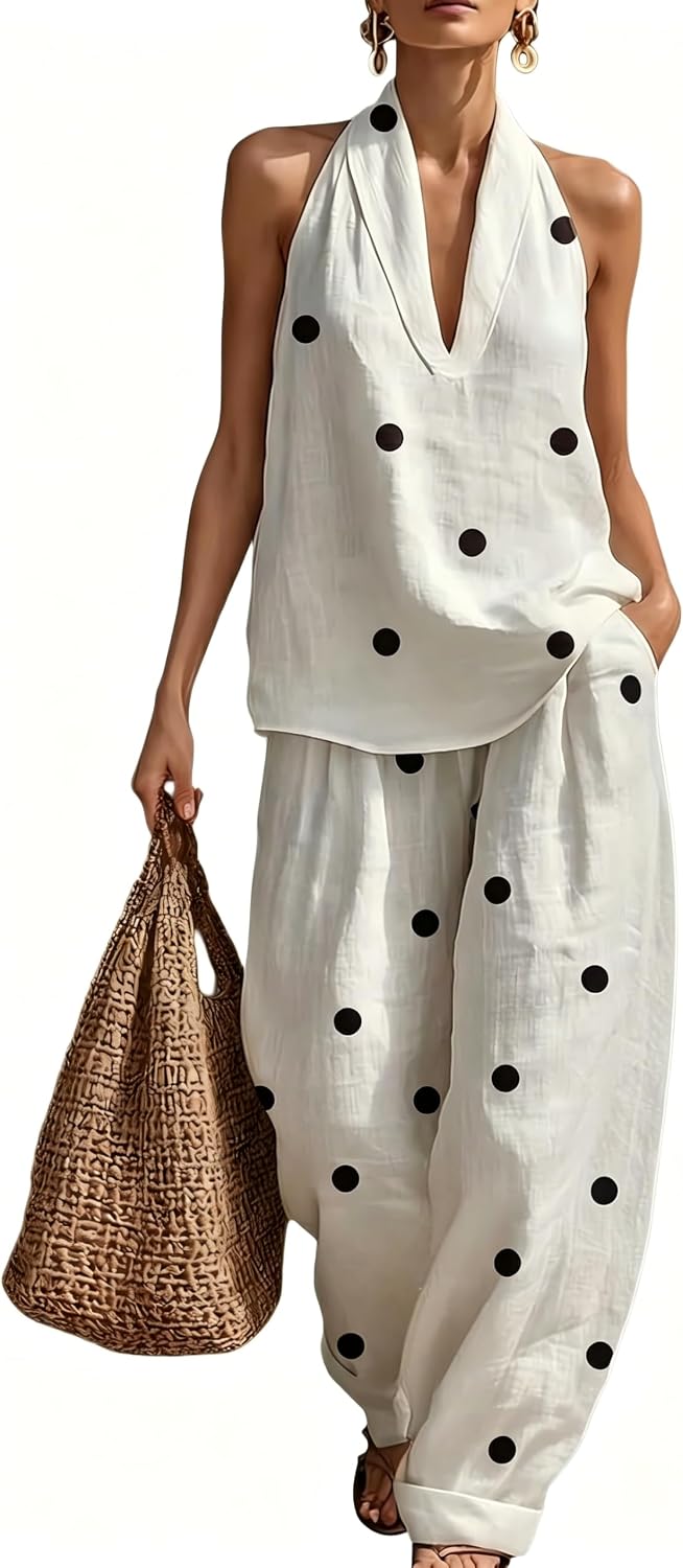 Polka Dot Linen Sets for Women 2 Piece Summer Sleeveless V Neck Halter Top Wide Leg Pants Matching Lounge Set