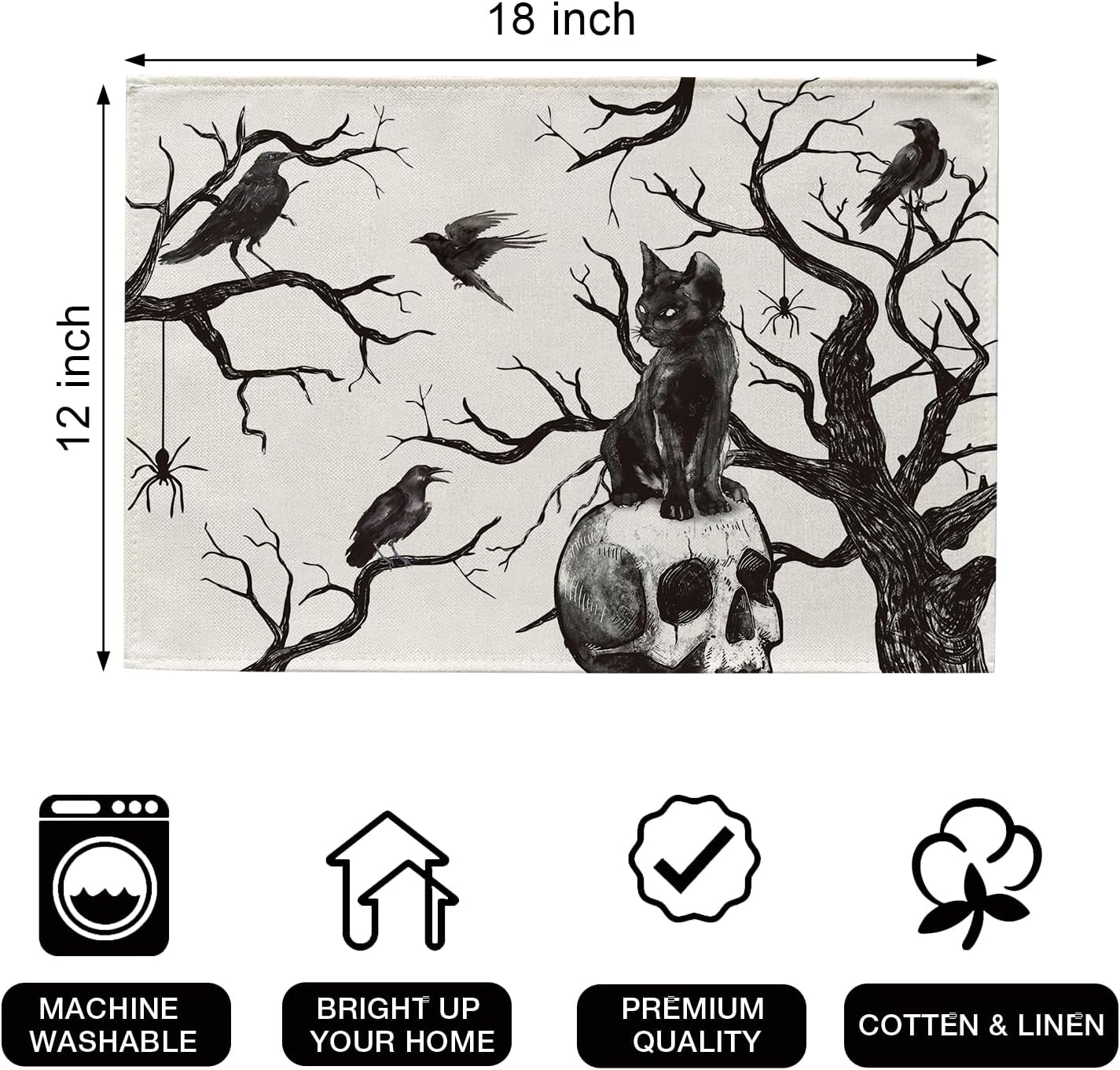 Seliem Halloween Skull Black Cat Placemats Set of 4
