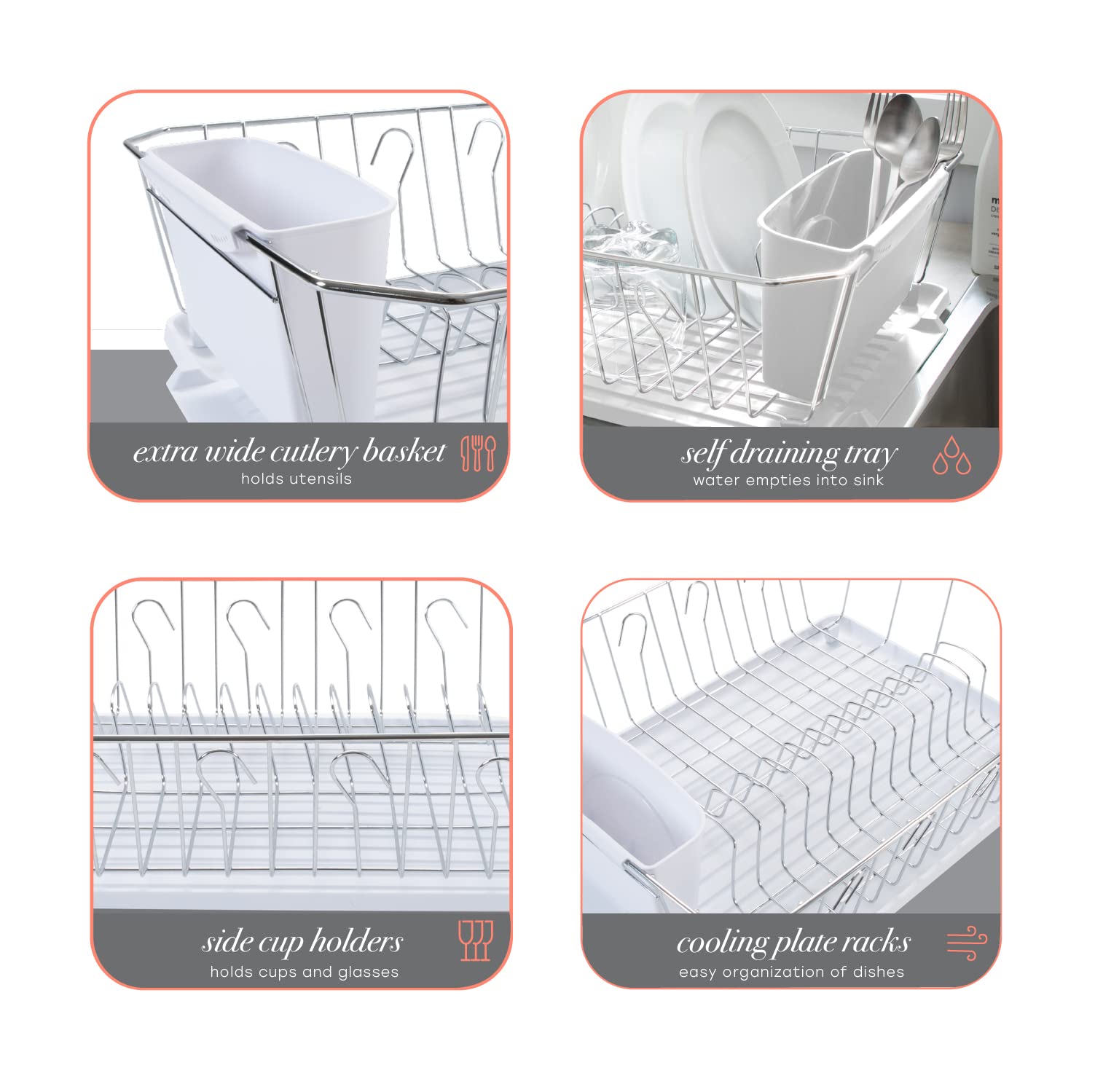 Kitchen Details 3 Piece Dish Rack | Drying Rack, Cutlery Basket & Drainboard Tray | Countertop | Self Draining | Rust Resistant | Chrome | White