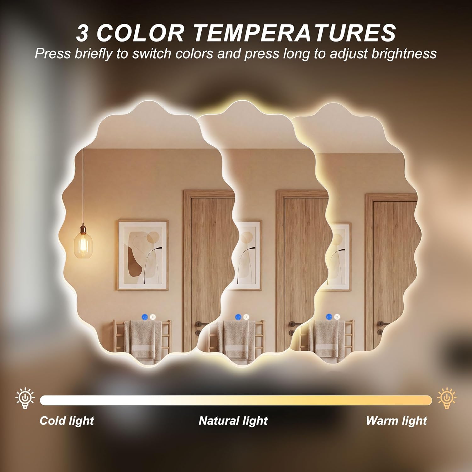 Oval Wavy Led Bathroom Mirror 24 x 36 inch,3 Color Asymmetrical Vanity Mirror with Lights for Wall Decoration, Dimmable,Anit-Fog,Tempered Glass,Memory x1