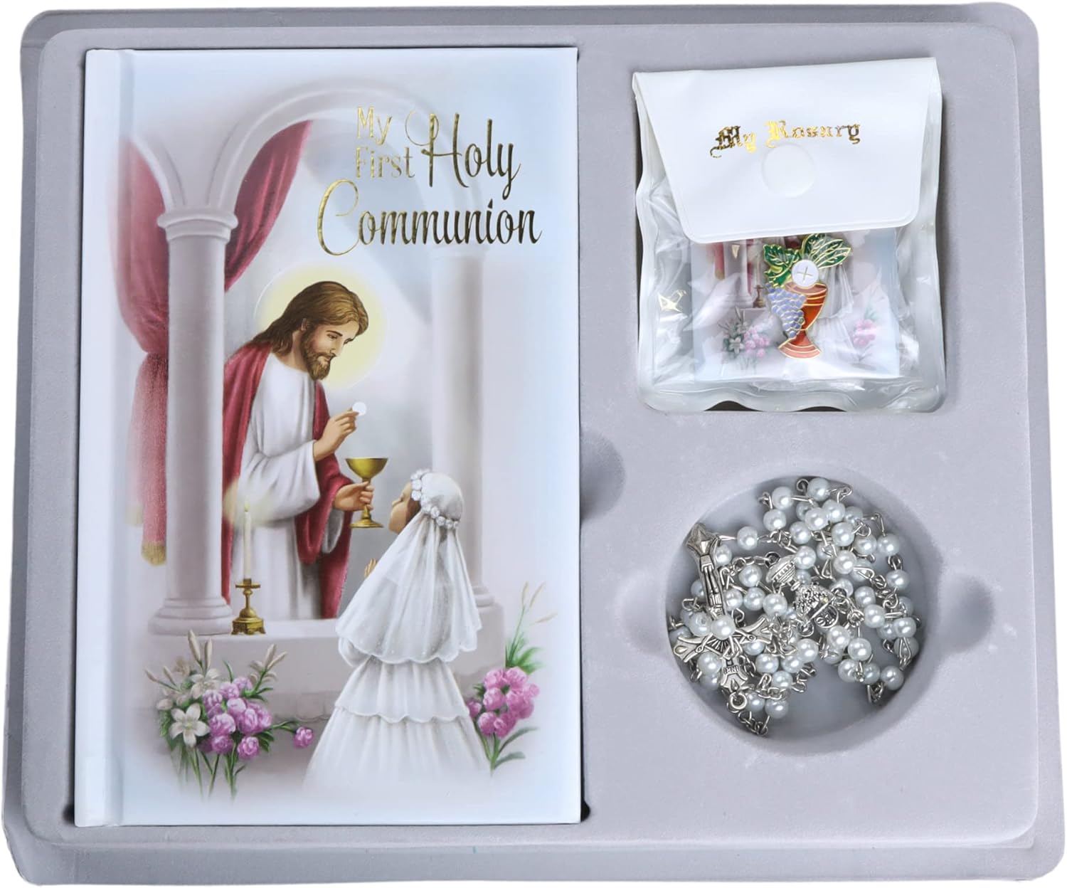 Needzo First Communion Set for Girls, White Rosary, Scapular, Lapel Pin, and Book Included, Catholic Keepsake Gifts