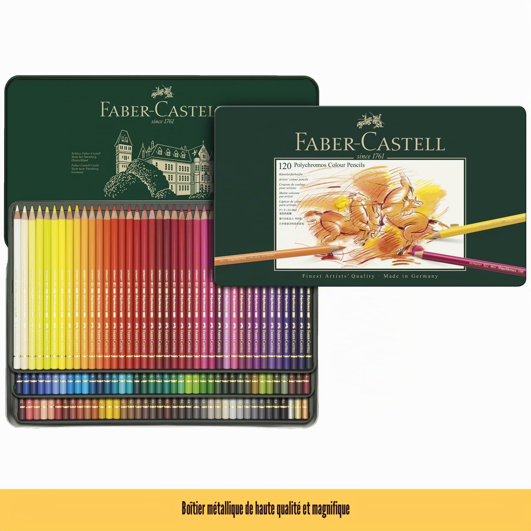 Faber-Castell Bloc à croquis A4 et boîte de 120 crayons de couleur Polychromos pour artistes – Kit d'art pour livres de coloriage pour adultes, fournitures d'artisanat, dessin, croquis, crayons