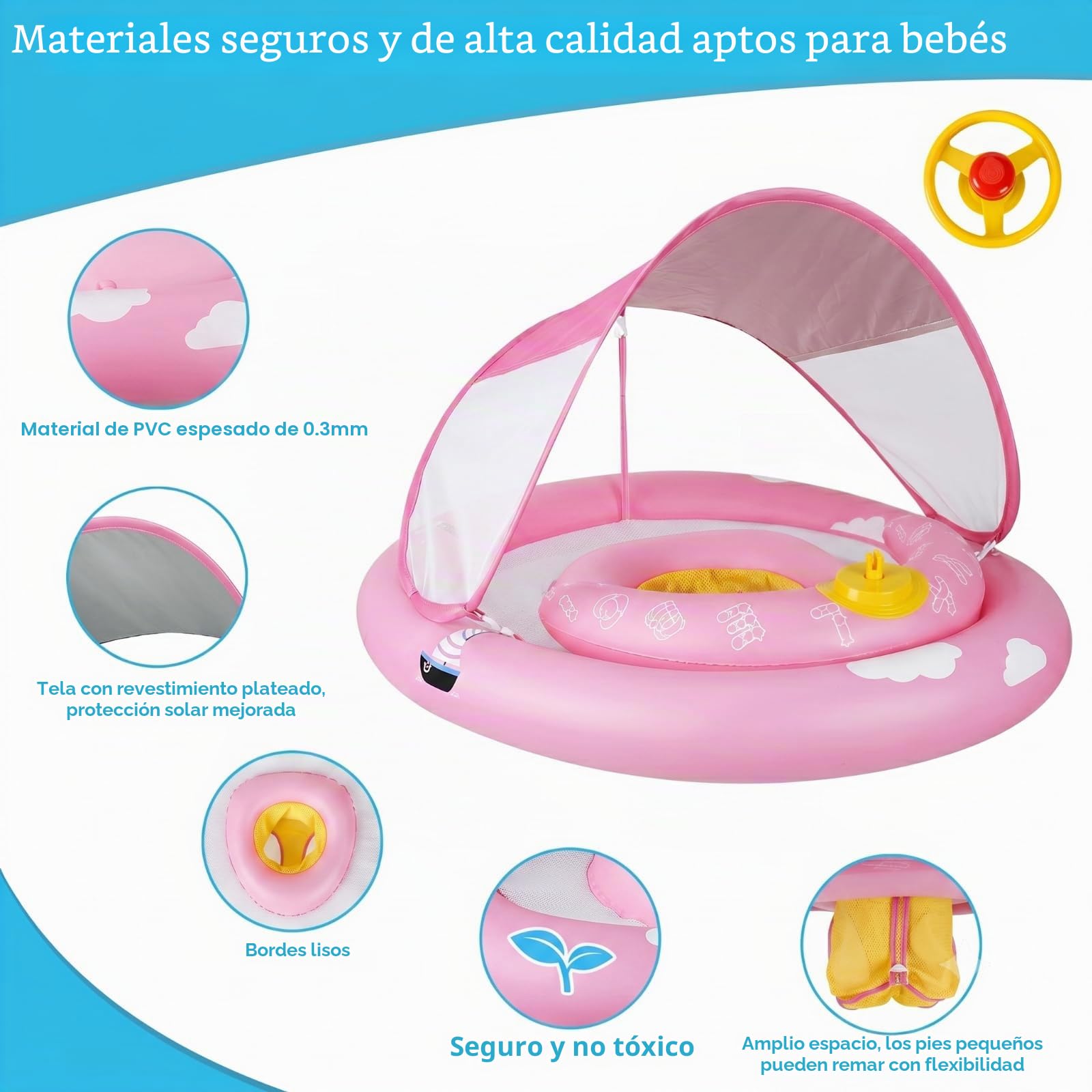 MYCARBON Flotador Bebe para 6 a 30 Meses con Asiento Ajustable Flotador Bebe con Sombrilla UPF50+ con Dos Airbags Bomba de Aire para Niños de 7 a 14 kg