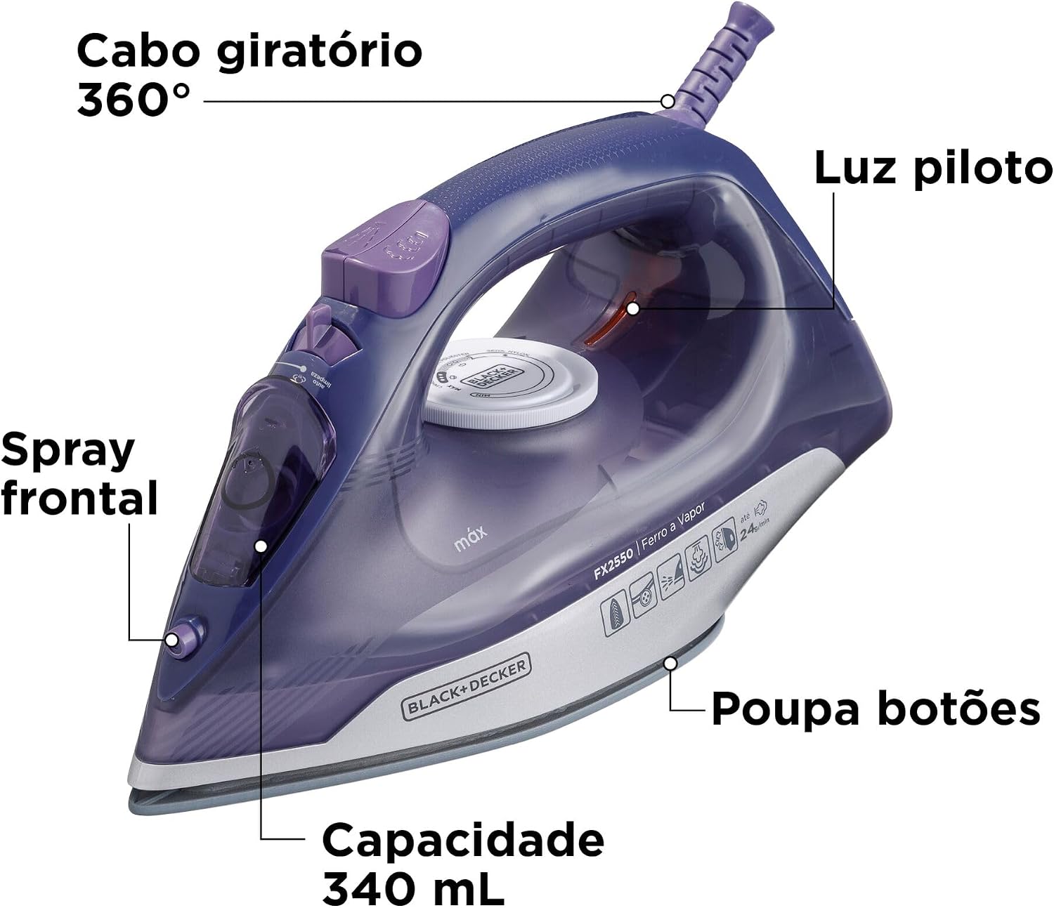 BLACK+DECKER Ferro de Passar Roupa à Seco ou à Vapor, Com Base Ceramic Gliss, Potência de 2000W, Modelo FX2550, 220V