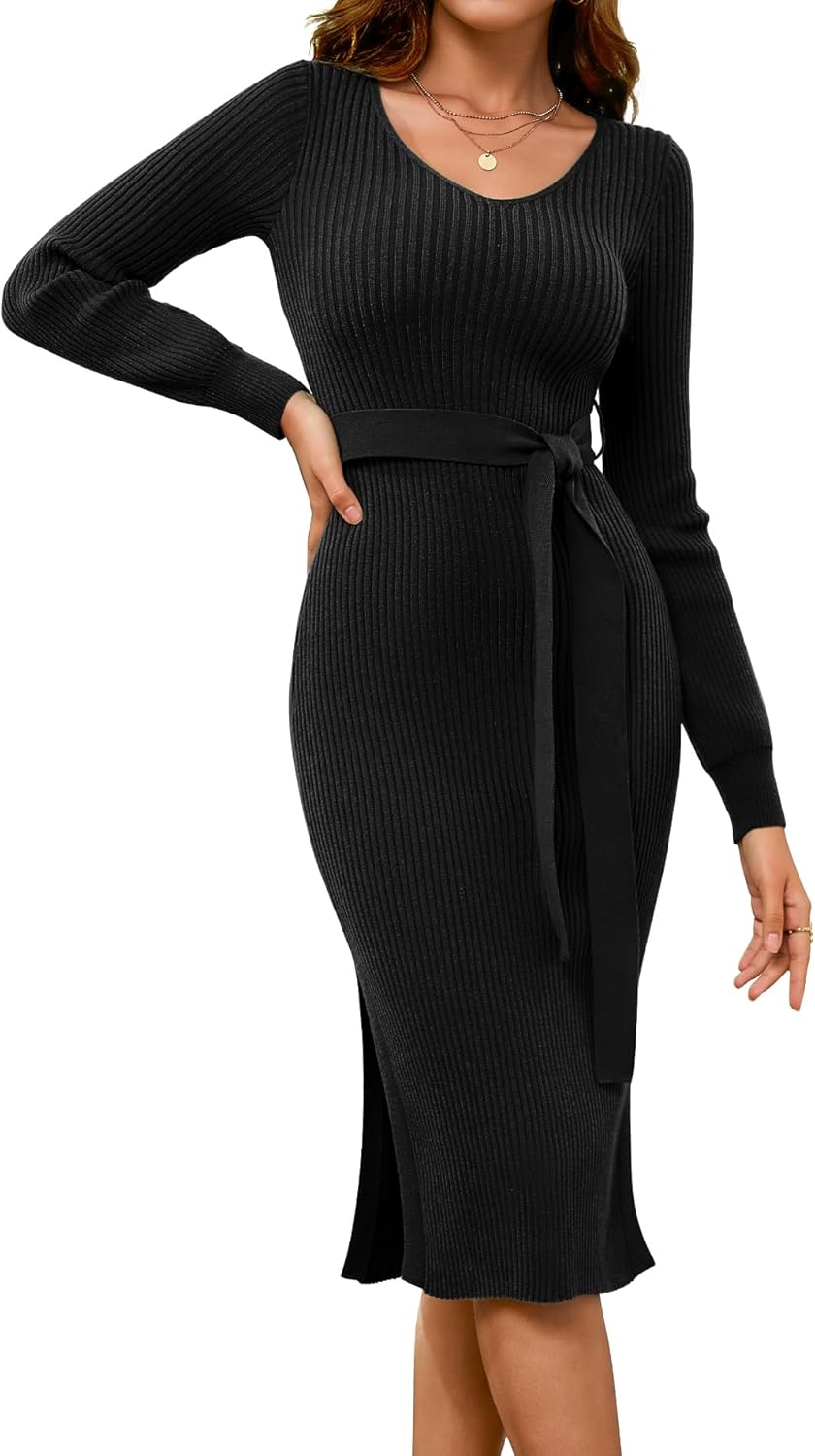 Dressystar Women's Fall Ribbed Knit Sweater Dress CrewNeck Long Sleeve Tie Waist Slim Fit Bodycon Midi Dress
