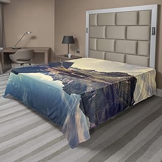 Lunarable Landscape Flat Sheet, Norway Landscape Mountains Photography Scandinavian Tranquil Idyllic Elements, Soft Comfortable Top Sheet Decorative Bedding 1 Piece, Queen Size, Multicolor