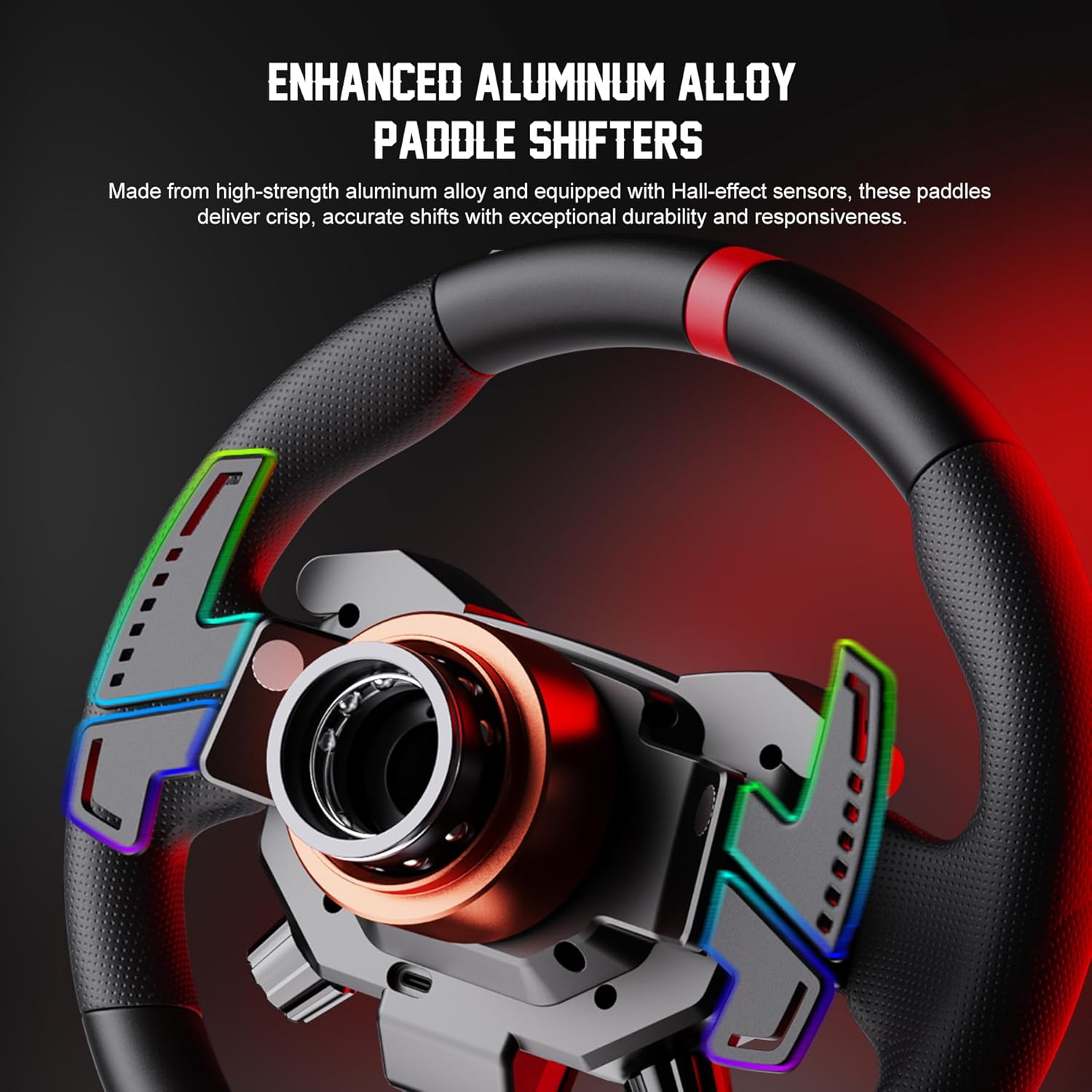 Close-up of PXN W AS wheel's aluminum paddle shifters