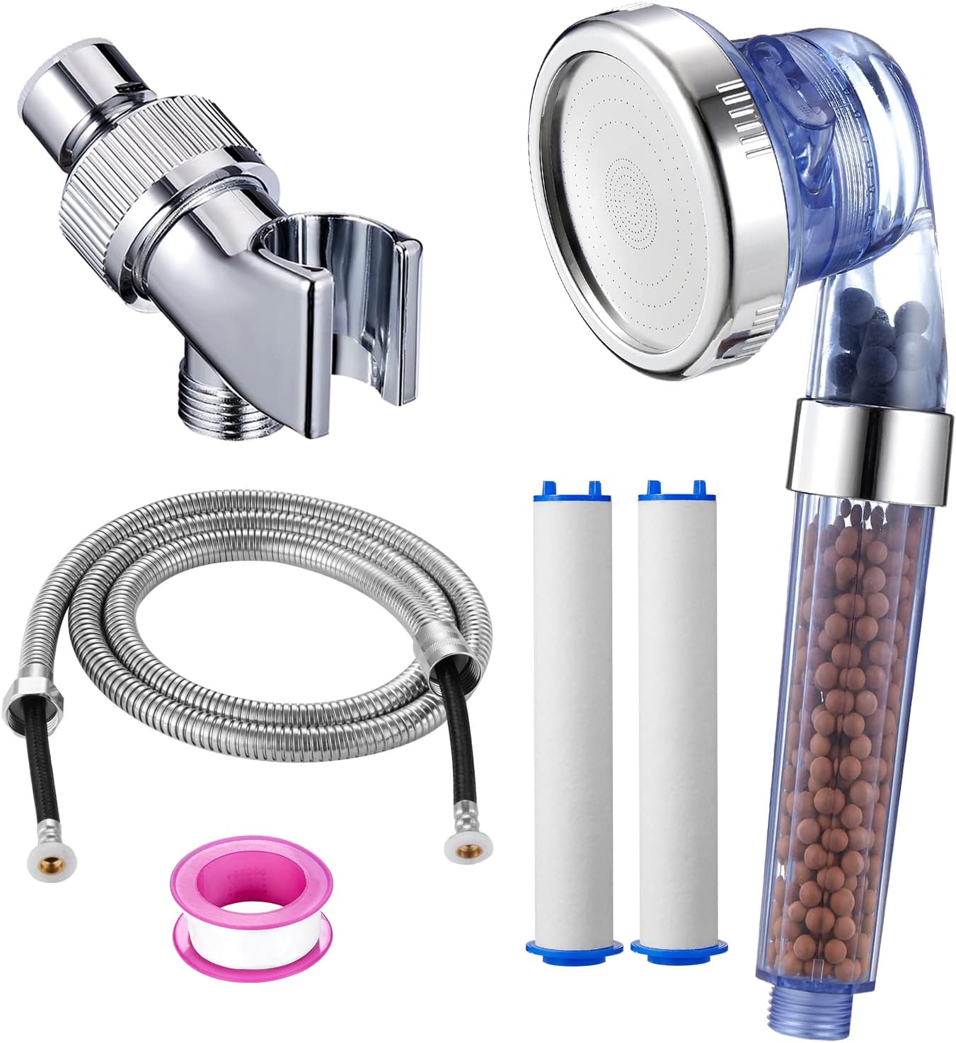 Filtered Shower Head with Mineral Stone Beads Filter, 3 Settings Handheld Spray Shower, High Pressure Water Saving Showerhead with Hose, Adjustable Shower Arm Mount and PP Cotton Filter Refill