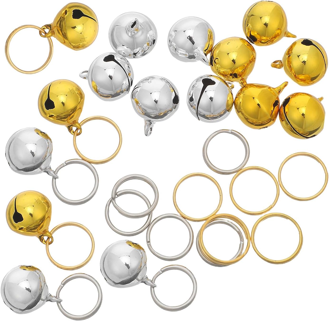 Zerodeko 16pcs Small Metal Pet Collar Bell Charm with Key Ring | 0.6 Inch Anti Lost Training Pendant, Golden Silver Finish, Universal Fit