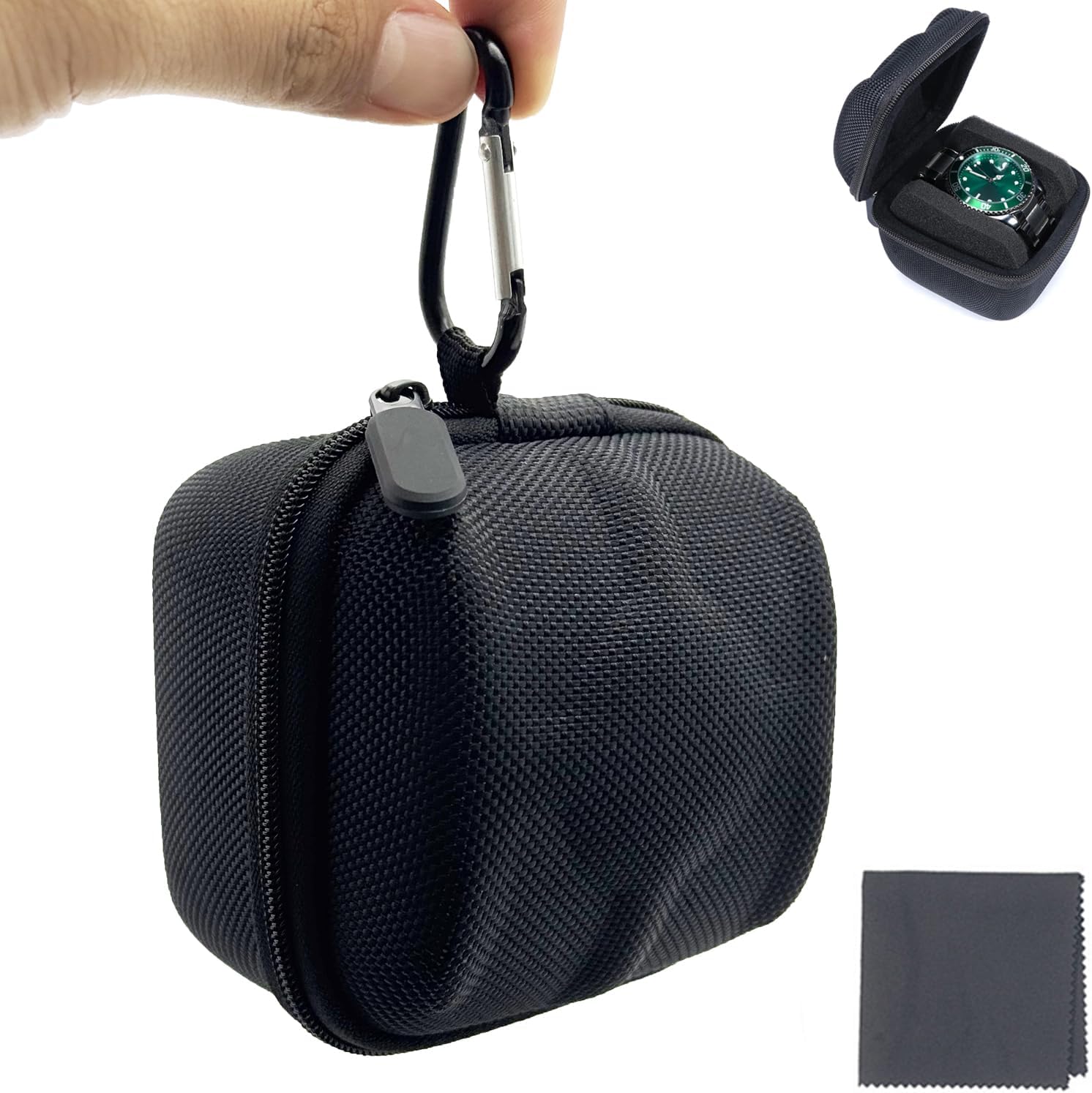 Watch Case for Travel, Single Hard Watch Case with Custom Pillow, Display or Storage for Mens Wristwatch, Smartwatch, Sports Watch, Fits up to 55mm Face Size with 18CM Cleaning Cloth (1 Slot)