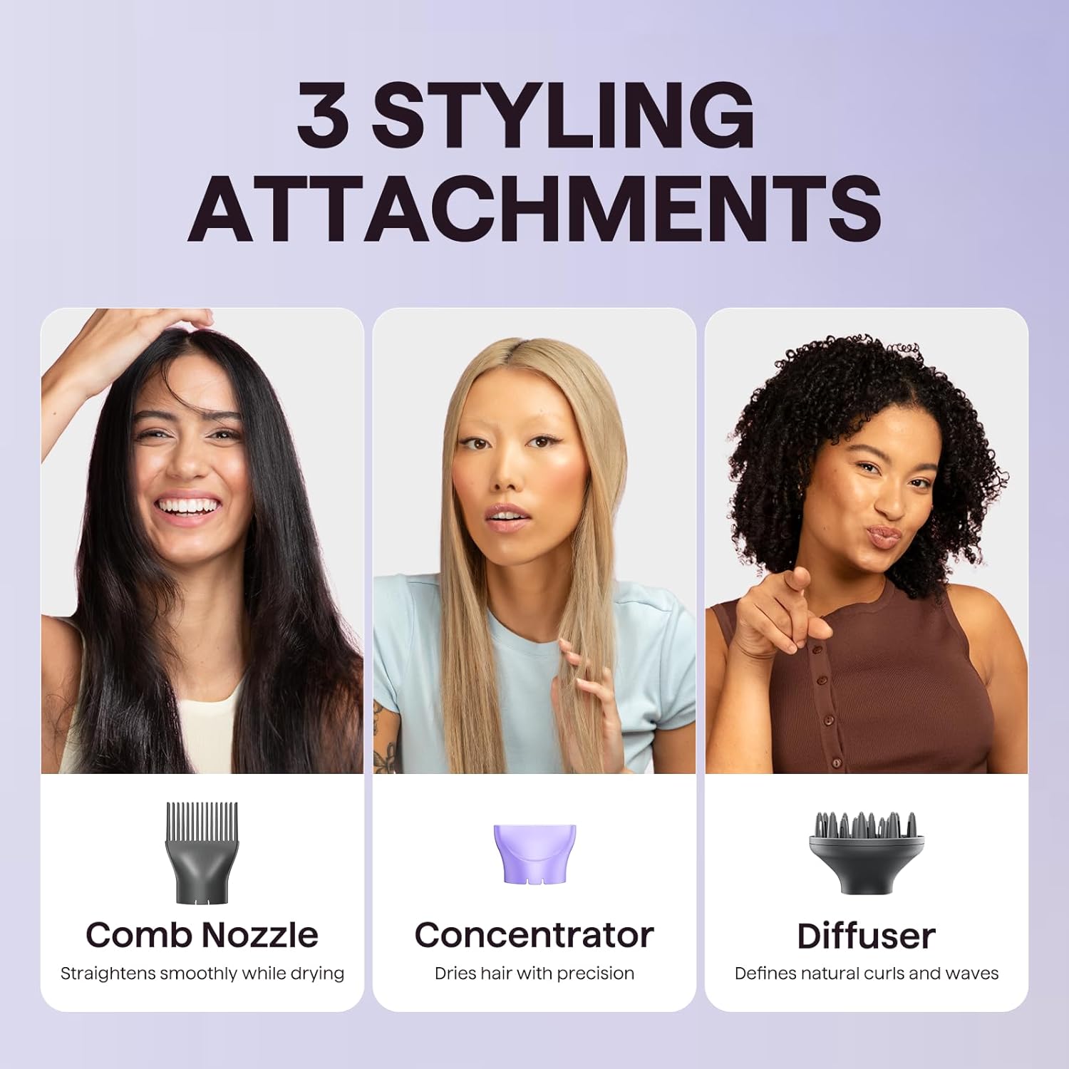 Wavytalk Blow Dryer with Diffuser, Blown Away Ionic Hair Dryer for Curly Hair with Comb, 1875W Fast Drying Blow Dryer with Ceramic Technology, 3 Attachments for All Hair Types, Light and Quiet, Purple