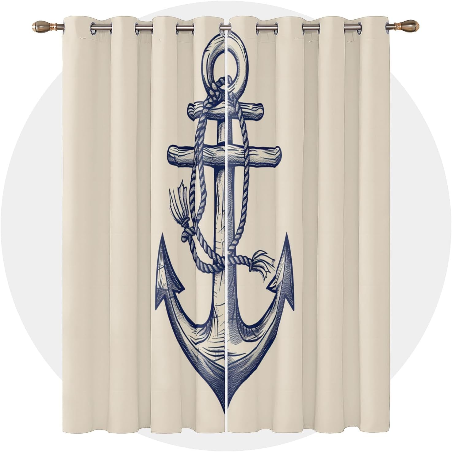 Anchor Curtains 63 Inch Length - Nautical Coastal Ocean Theme Beige Patterned Blackout Curtains for Living Room Bedroom, Room Darkening Grommet Drapes Window Treatments, 2 Panel Set