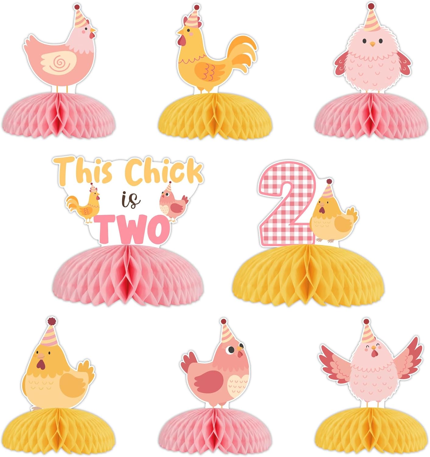 Kreatwow This Chick Is Two Birthday Honeycomb Centerpieces Chick 2nd Birthday Decorations Girl Farm Theme Table Décor Pink Yellow Double-Printed Paper Party Supplies for Indoor Outdoor Celebration