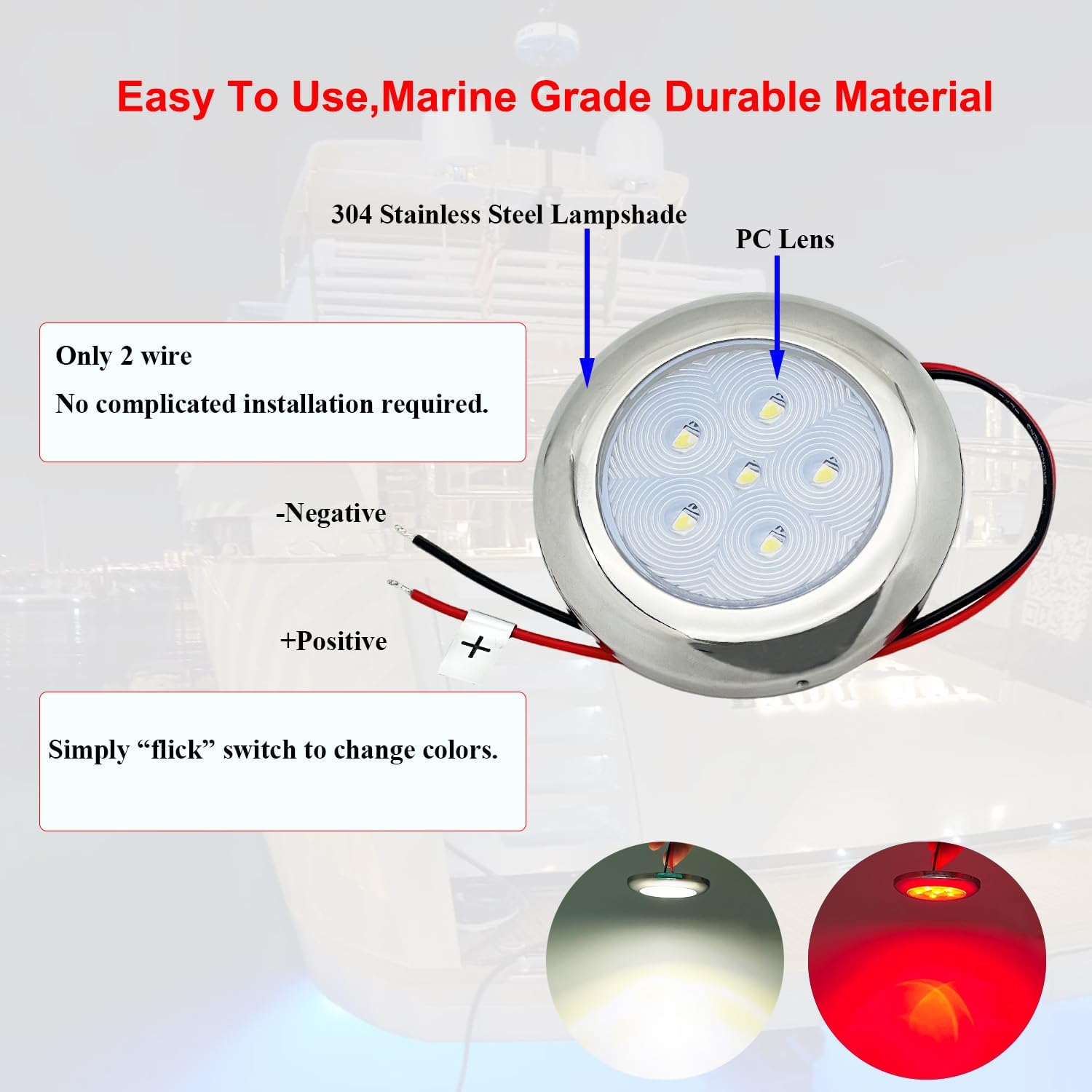 LED Boat Courtesy Light 3Inch Dual Color, IP68 Waterproof 316 Stainless Steel Boat Interior Exterior Deck Cabin Dome Transom Cockpit T Top Marine Light for Fishing Pontoon Bass Sailboat (White|Red)