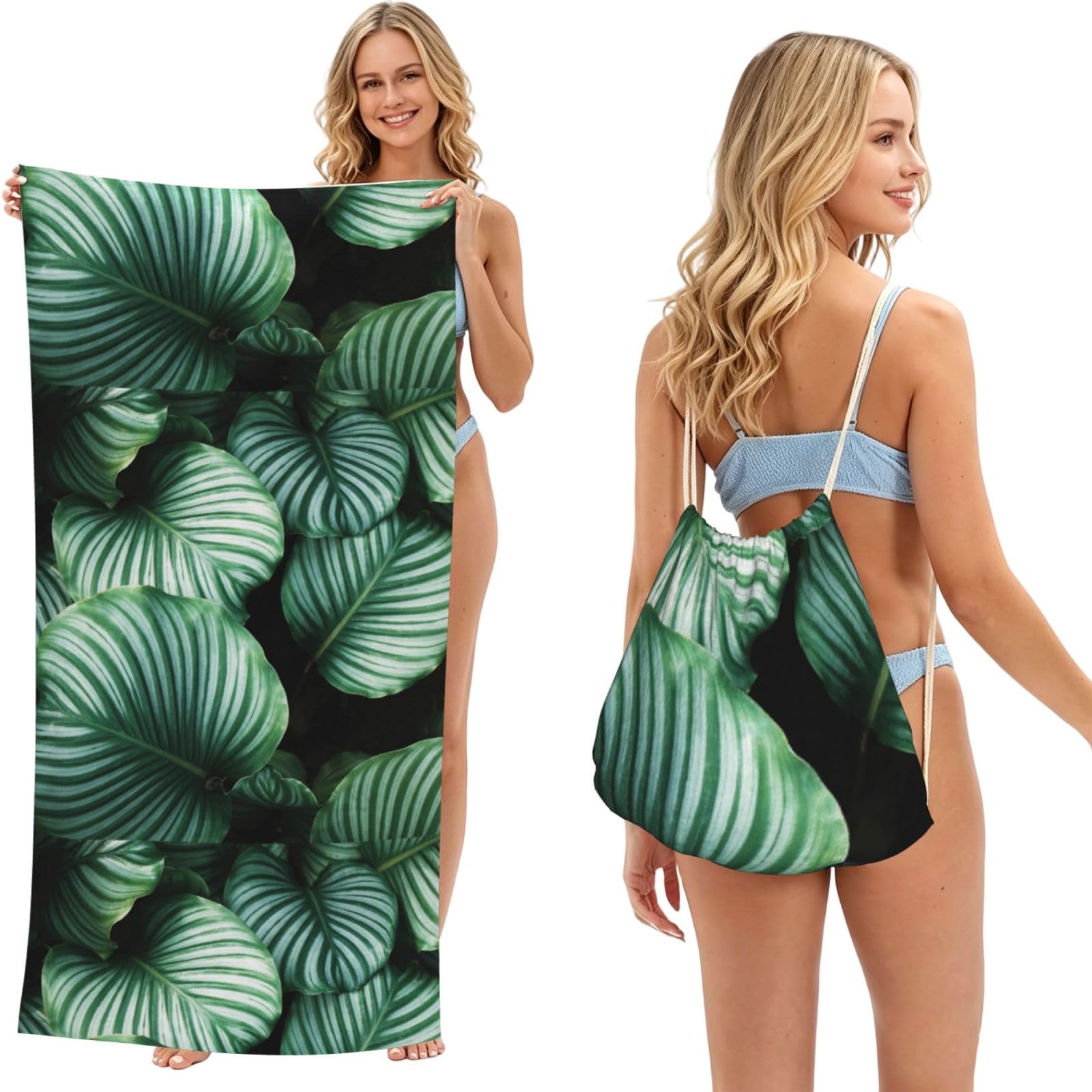 Poadnly As Picture Green Tropical Plant Leaves Printed, 2 In 1 Packable Towel Bag, Beach Towels With Drawstring Backpack For Travel Holiday Camping