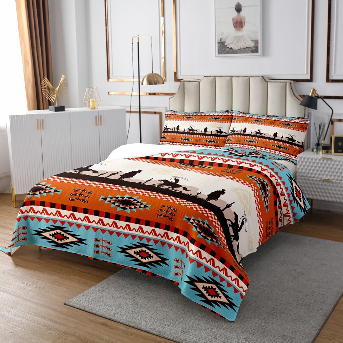 Castle Fairy Boho Aztec Quilt Set for Kids Boys Girls,Western Cowboys Desert Bedspread,Bohemia Exotic Bed Cover Brown Orange Blue Bedding Set Decorative Quilted Coverlet,King Size